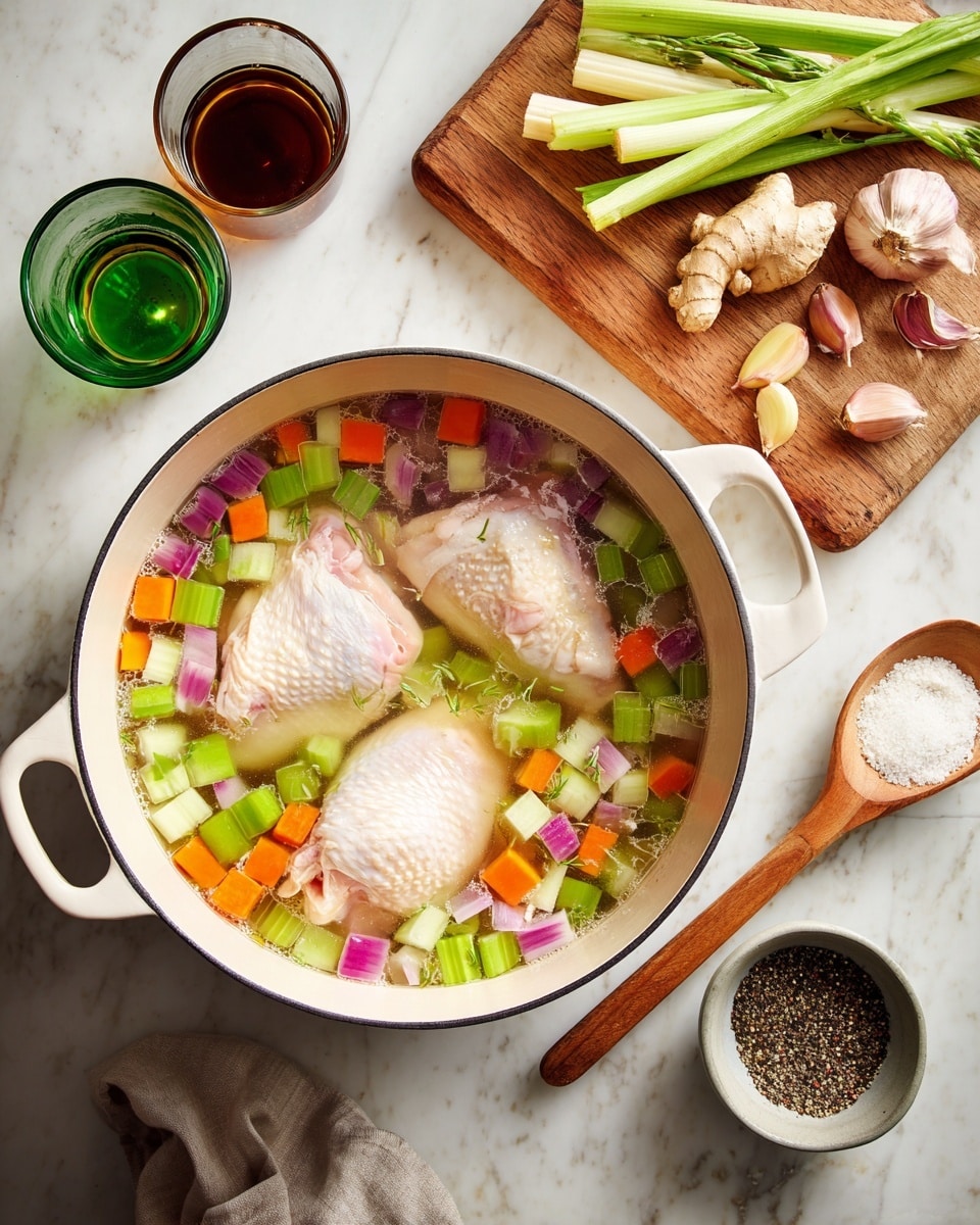 A white pot on a white marbled surface holds two pieces of raw chicken submerged in clear water with small diced colorful vegetables floating around: orange carrots, pale green celery, and purple onions, adding bright spots against the pale chicken. Around the pot, a wooden cutting board carries chopped ginger, garlic cloves, two stalks of lemongrass, and a small glass bowl with dark brown liquid. Near the pot are a green spoon with a wooden handle, a small white bowl of white powder with a wooden spoon inside, and a small gray bowl filled with coarsely ground black pepper. photo taken with an iphone --ar 4:5 --v 7