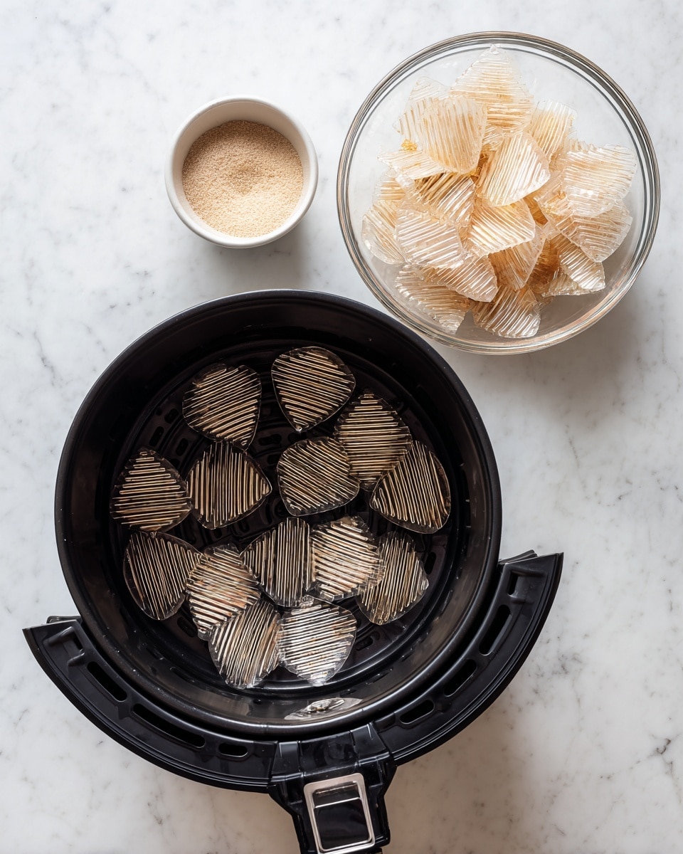 The image shows a black air fryer basket with clear, shiny triangular pieces placed in a circular pattern inside the basket, each piece having a striped texture. To the right of the basket, there is a clear glass bowl filled with more of these translucent triangular pieces, and below the bowl, a small white bowl holds a light brown powder. The scene is set on a white marbled surface with a clean and simple look. photo taken with an iphone --ar 4:5 --v 7