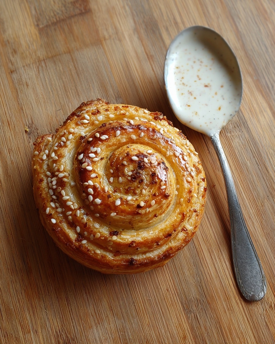 A golden brown spiral pastry covered with white sesame seeds all over the top, showing a slightly crispy and flaky texture with some darker toasted spots around the edges. The pastry rests on a wooden surface with a smooth grain pattern, next to a silver spoon holding a creamy white sauce with tiny specks. The whole scene is simple and warm. photo taken with an iphone --ar 4:5 --v 7
