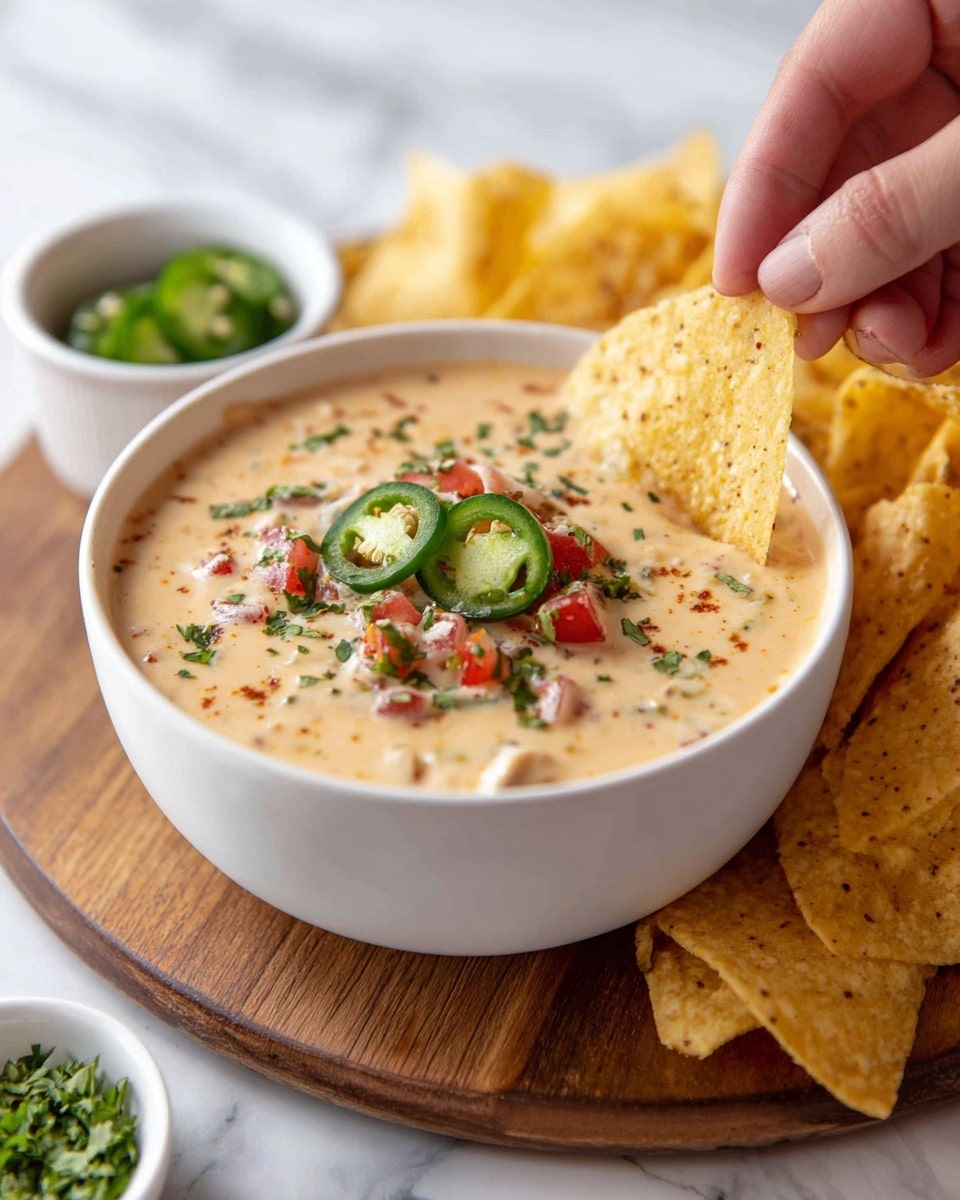 A close-up view of a gray bowl filled with light cream-colored soup as the base layer, topped with bright green sliced jalapeño rings scattered on the surface. There are small, evenly cut red tomato cubes and tiny green chopped herbs sprinkled across the top, adding color contrast. The bowl sits on a wooden board with a white marbled surface below. The photo taken with an iphone --ar 4:5 --v 7