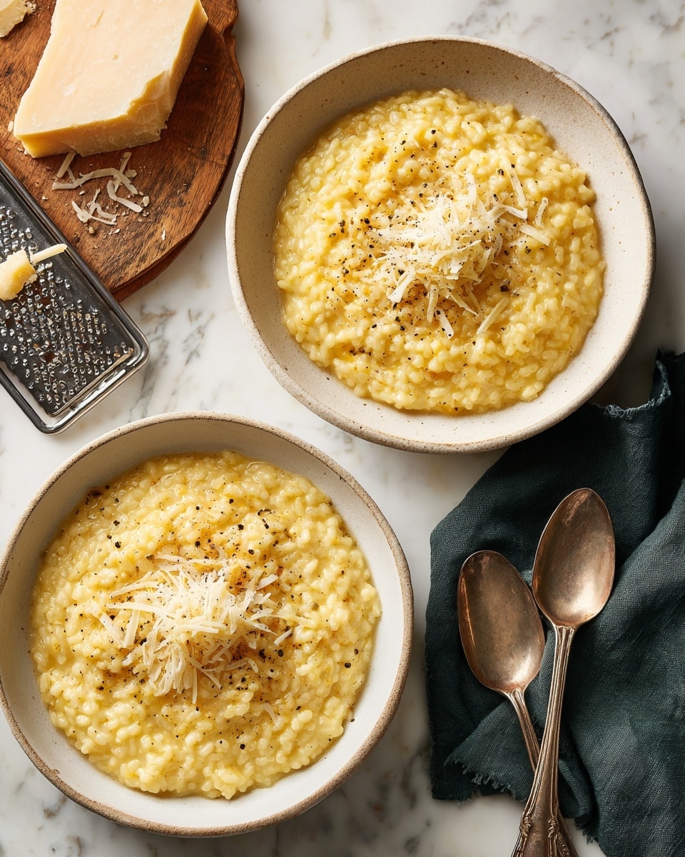 A white plate holds a creamy yellow risotto with a soft, thick texture. The risotto is sprinkled lightly with small white grated cheese pieces and black pepper in uneven patches across the top. A silver spoon rests on the right side of the plate, scooping up some of the risotto. The background is a white marbled surface, giving the setting a clean and bright look. Photo taken with an iphone --ar 4:5 --v 7