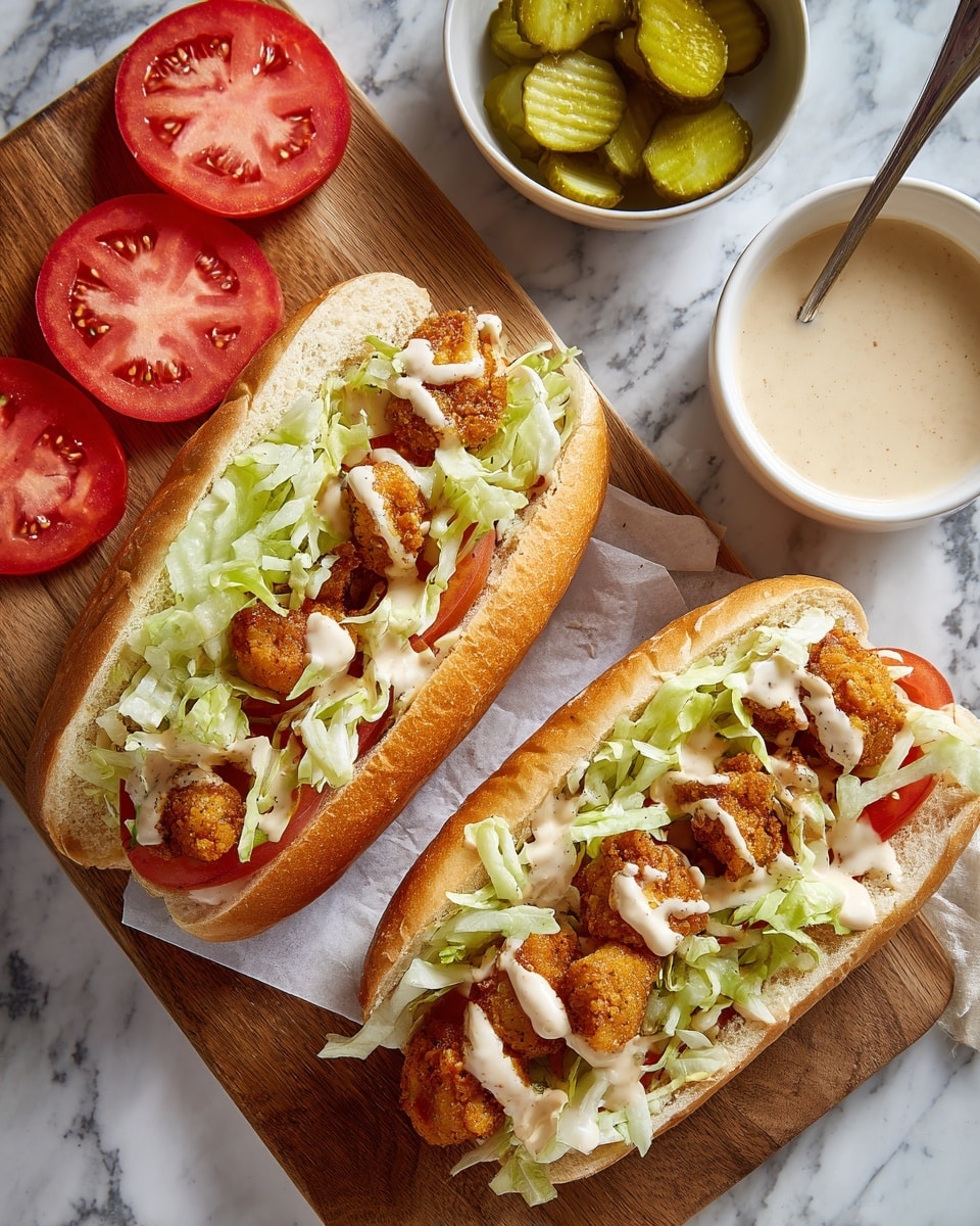 The image shows two sandwiches on a wooden board with a white marbled surface underneath. Each sandwich has three main layers inside a split light brown bun: a base layer of red tomato slices, a middle layer of crispy golden fried pieces, and a top layer of shredded light green lettuce. The sandwich on the right is drizzled lightly with white sauce. To the top left of the sandwiches, there are three extra tomato slices on the board, and near the top center, a small white bowl holds several green pickle slices. On the top right, there is a white bowl filled with creamy beige sauce and a metal spoon resting inside it. Photo taken with an iphone --ar 4:5 --v 7