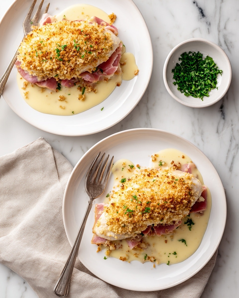 Two white plates hold a dish with three layers. The bottom layer is a smooth light beige cooked chicken piece on each plate. On top of the chicken is a layer of light pink ham slices scattered irregularly. The top layer is crushed golden brown breadcrumbs sprinkled over the ham. Surrounding the chicken on the plate is a creamy pale yellow sauce. A small white bowl with bright green chopped herbs is placed above the plates on a white marbled surface. A silver fork rests on the left plate near the bottom edge. A beige linen napkin sits between the two plates. Photo taken with an iphone --ar 4:5 --v 7