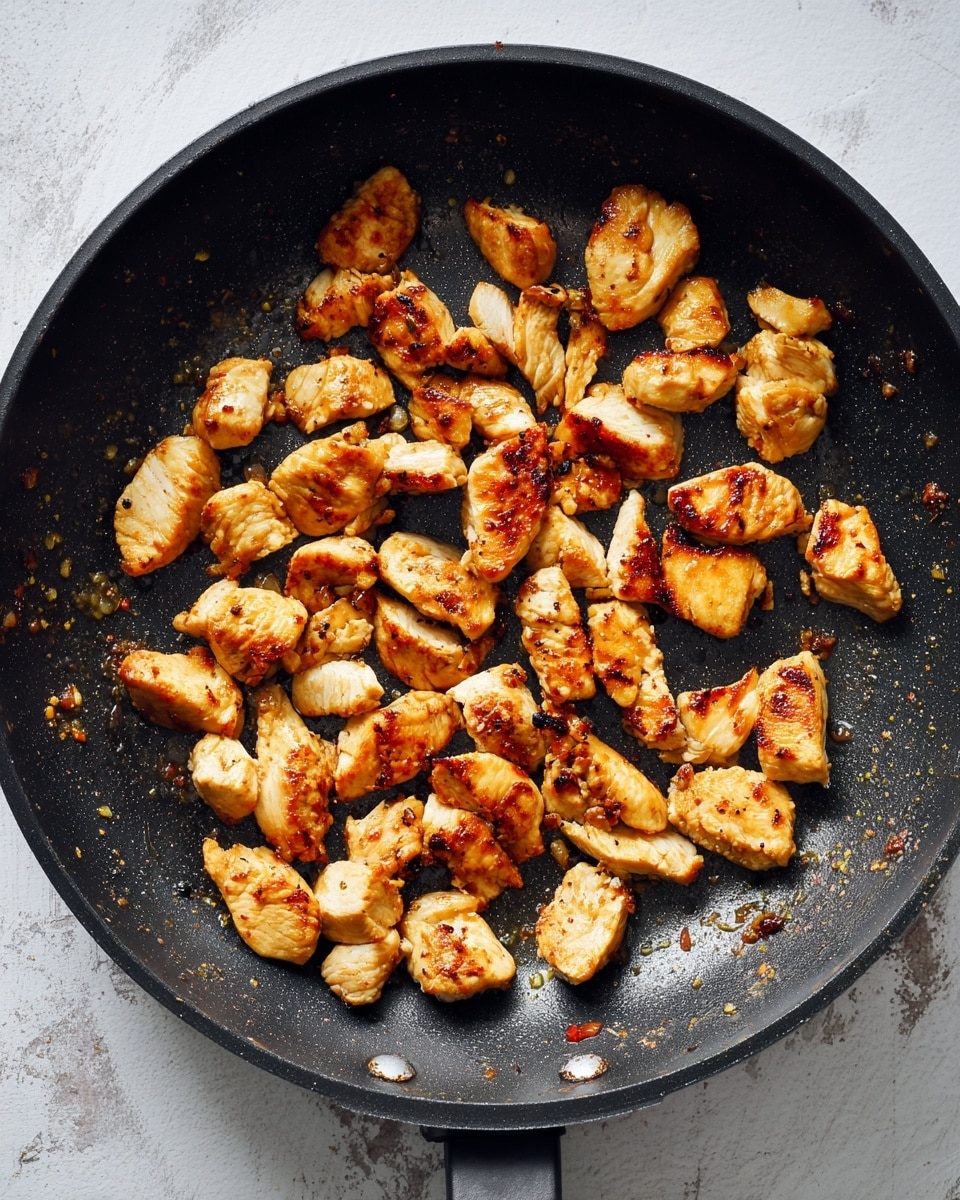 Small pieces of golden-brown cooked chicken are spread out in a black frying pan with a slightly shiny surface. The chicken pieces vary in size and show some charred spots and light browning on their edges. The pan has a textured look with small bits of residue from cooking. The background is a white marbled surface. Photo taken with an iphone --ar 4:5 --v 7