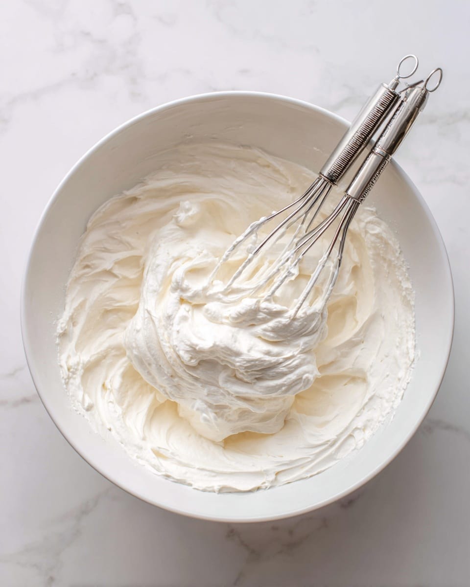 A close-up of a large white mixing bowl filled with thick, smooth, and creamy white whipped cream. Inside the bowl, two metal beaters are partially covered with the whipped cream, showing soft peaks and a fluffy texture. The bowl is placed on a white marbled surface, creating a bright and clean background. The beaters suggest the cream is in the middle of being mixed, and the overall image shows a fresh, light, and airy whipped cream ready for use. photo taken with an iphone --ar 4:5 --v 7