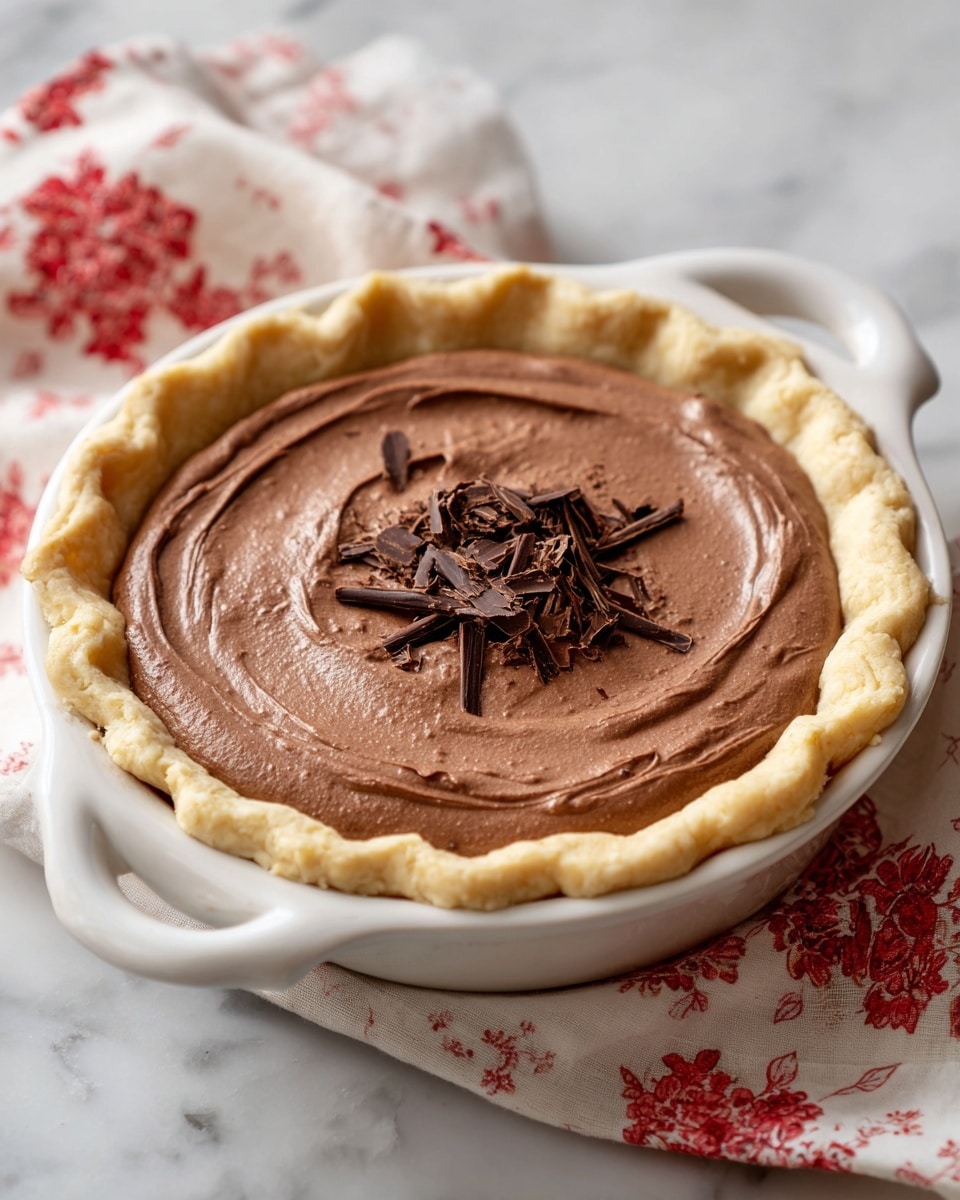 The dish is a single-layer pie with a light beige crust, thick and crimped around the edges, creating a raised border. Inside is a smooth, creamy chocolate filling that is evenly spread and has a few gentle swirls on the surface, giving it a soft texture look. In the middle of the chocolate layer, there are small, thin shavings of dark chocolate arranged in a small pile. The pie is served in a white dish with two small handles on the sides, placed on a white marbled surface with a cloth showing red floral patterns in the background. photo taken with an iphone --ar 4:5 --v 7