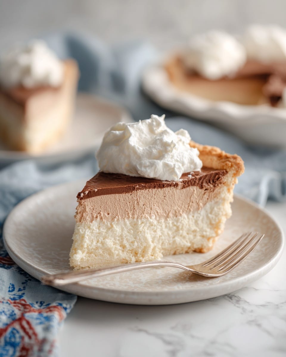 The image shows a slice of a two-layer dessert on a white plate with a faint pattern, placed on a white marbled surface with a blue and red patterned cloth nearby. The bottom layer is light beige with a rough, cracked texture resembling a baked meringue or cookie base. The top layer is smooth, thick, and light brown, looking like a creamy chocolate topping. On top of the slice, there is a dollop of soft white whipped cream with a fluffy texture. In the background, part of another serving is visible on a white plate. A woman's hand is holding a fork, positioned to the right of the plate. Photo taken with an iphone --ar 4:5 --v 7