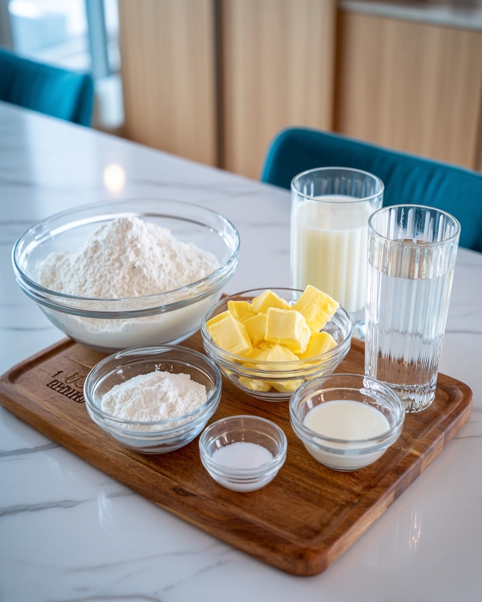 A clear set of glass bowls and glasses arranged on a wooden board with an Ironwood logo, placed on a white marbled surface. From left to right: a large glass bowl filled with white flour, a smaller glass bowl with white powdered ingredient next to it, and a medium bowl in the center holding yellow butter chunks. In front and to the right, a small glass bowl with white sugar, a smaller bowl with vanilla extract, a tall glass filled with clear water, and a glass containing white milk complete the setup. The background shows a light wood cabinet and a blue chair. Photo taken with an iphone --ar 4:5 --v 7