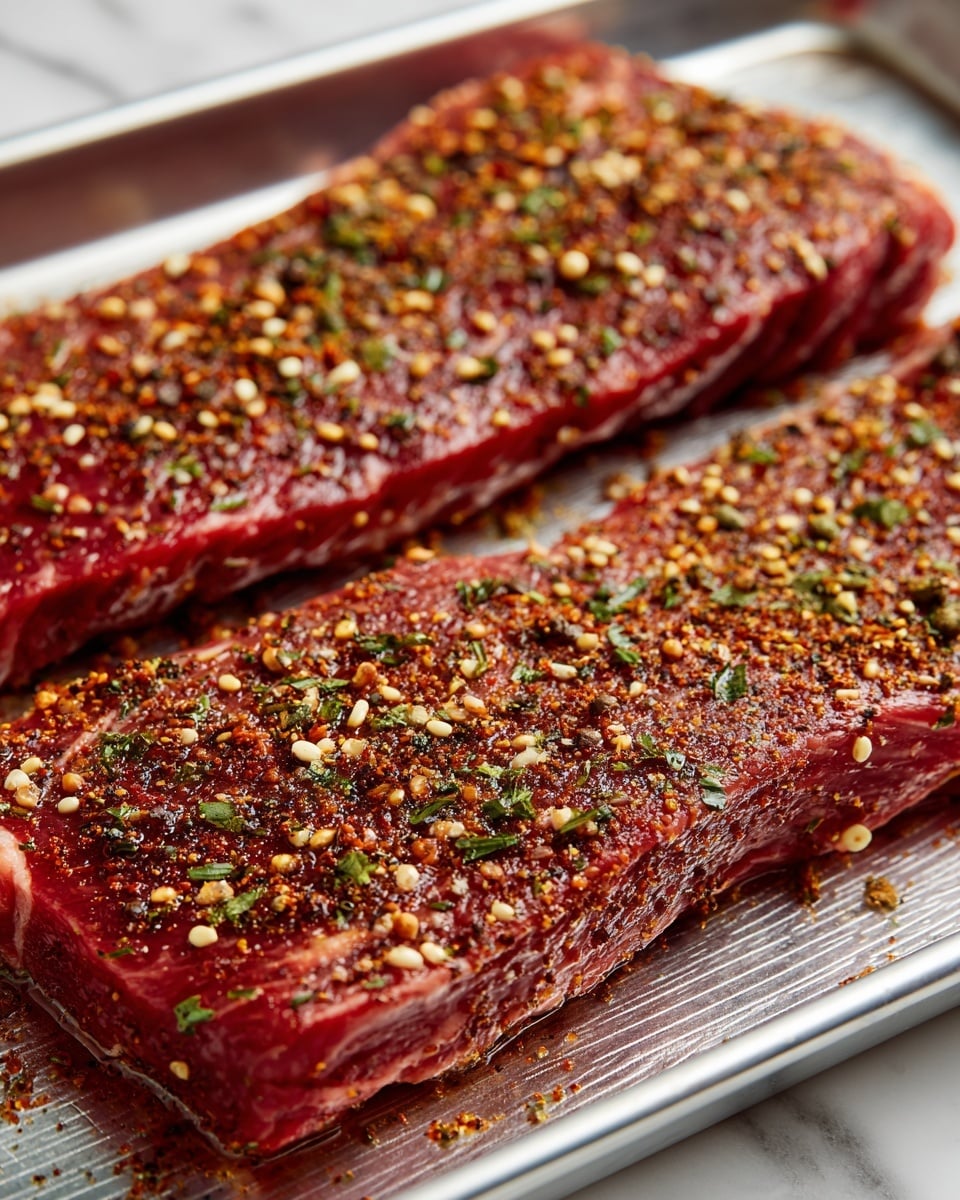 Two large raw red steak slices lie flat side by side on a large silver tray with a textured base. Both steaks are covered with a rough layer of mixed spices, including small bits of light tan, green, and brown herbs and seasonings scattered evenly across their surfaces. Each steak has a small strip of white fat running along the edges. The background shows a white marbled surface under the tray. photo taken with an iphone --ar 4:5 --v 7