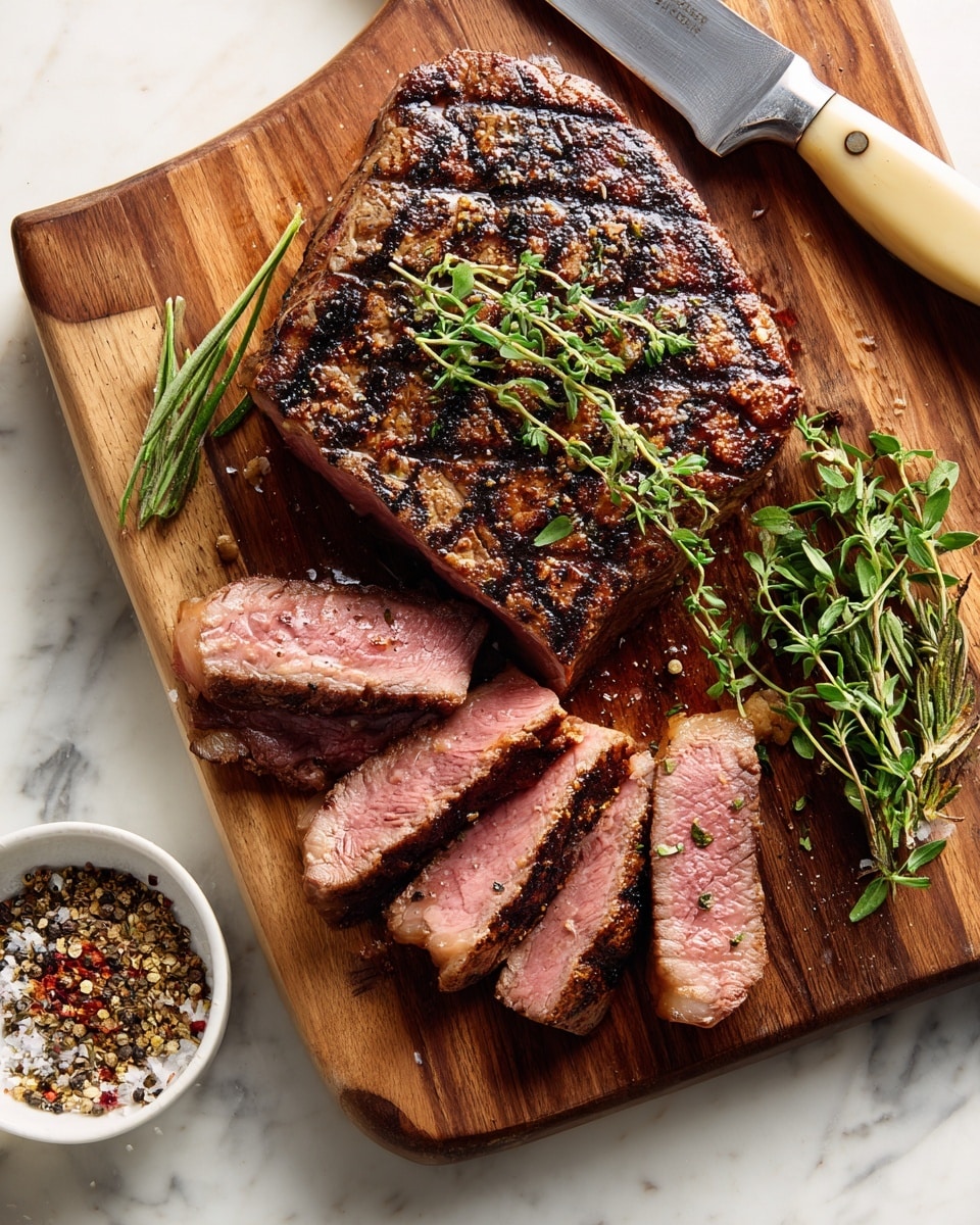 A thick grilled steak sits on a wooden cutting board with visible grill marks and a slightly charred brown crust. On the right side of the board, the steak is sliced into five pieces showing a pink, juicy inside with darker edges. A few sprigs of fresh green herbs rest on top of the steak. Above the steak, there is a knife with a beige handle. At the bottom left of the image, a small white bowl holds a mix of dry herbs and spices. The background features a white marbled surface. Photo taken with an iphone --ar 4:5 --v 7