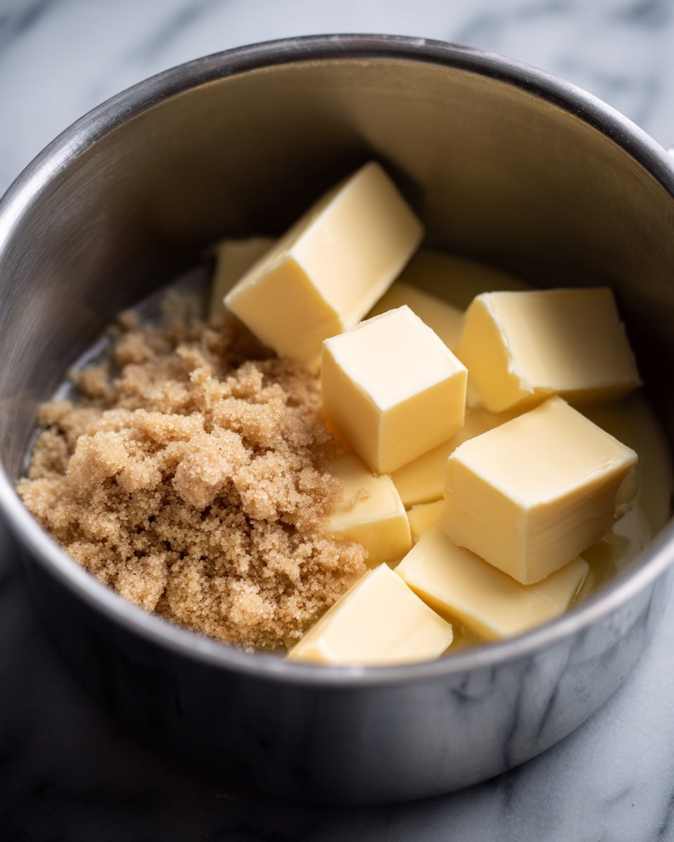Inside a metal pot, there are several pieces of light yellow butter melting at the bottom. On one side, there is a pile of light brown sugar with a crumbly texture resting on the melted butter. The pot is placed on a dark surface, but the background is changed to a white marbled texture. The butter pieces are square and arranged close together, while the brown sugar sits in a small mound next to them. Photo taken with an iphone --ar 4:5 --v 7