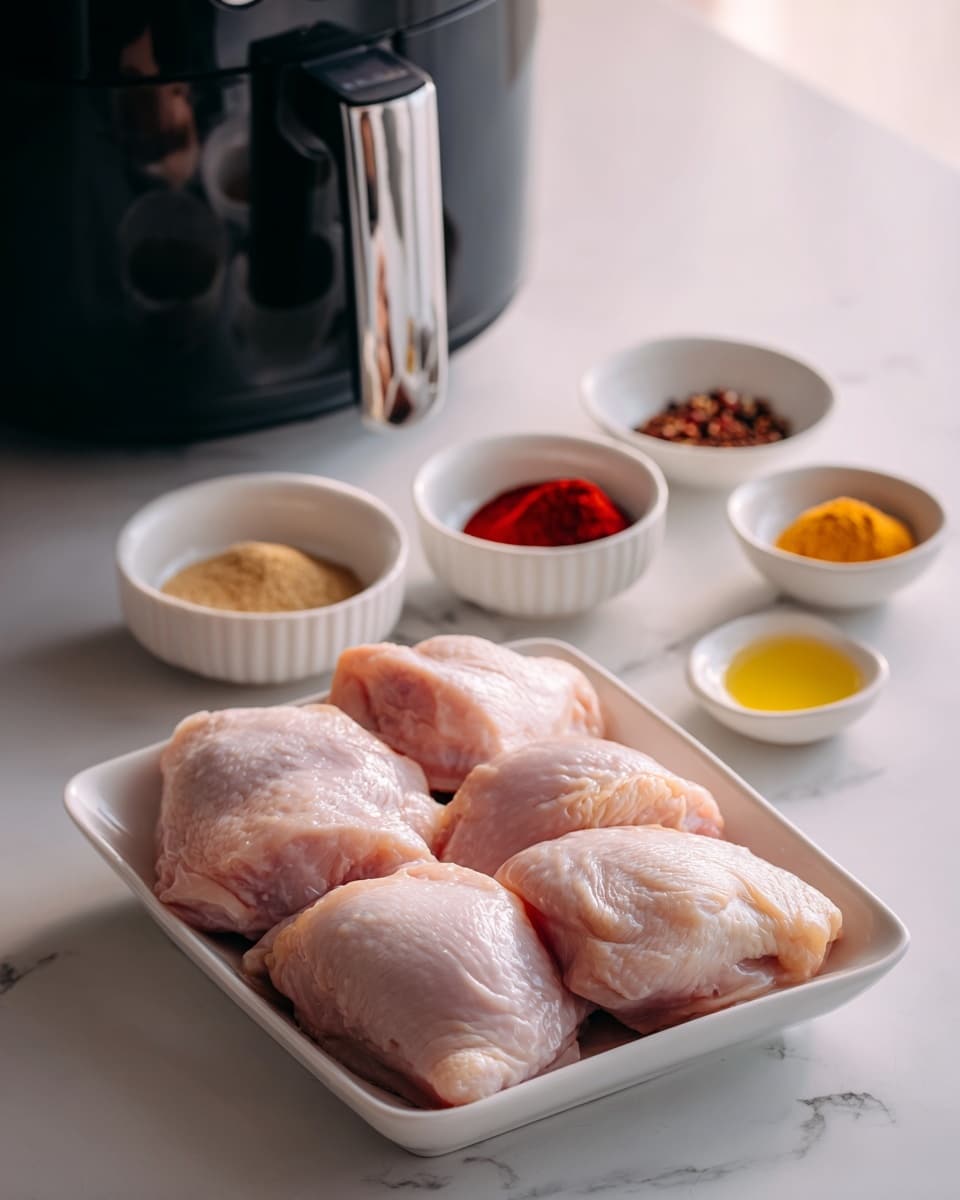 The image shows a white rectangular dish filled with four raw chicken pieces, pale pink with smooth, slightly shiny skin. Behind the dish, there are five small white bowls arranged in a loose group on a white marbled surface. Each bowl contains different spices and oil: one has a small amount of red powder, another has a yellowish powder, one bowl has red flakes, a fourth holds a small yellow ball, and the last contains a small quantity of golden oil. To the left side of the image, there is a black air fryer with a shiny silver handle reflecting part of the scene. The setting is bright with soft natural light. photo taken with an iphone --ar 4:5 --v 7