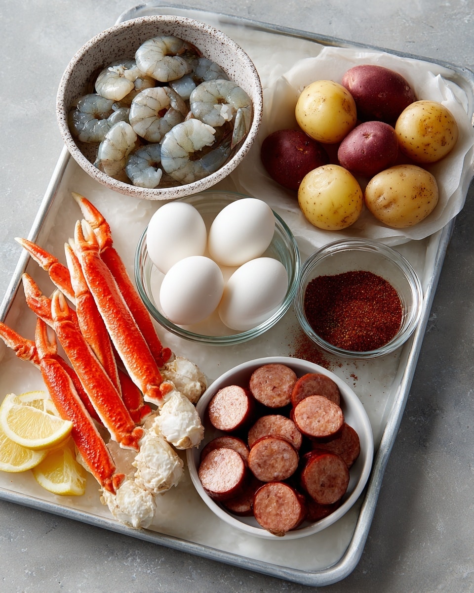 A metal tray with a white marbled texture holds several dishes of food. In the top left, there's a speckled bowl full of raw gray shrimp. To the right is a white plate filled with small red and yellow potatoes. Below the shrimp, a clear glass bowl holds six smooth white boiled eggs. At the bottom left corner, a pile of bright orange crab legs with white claws rests on the tray. In the very center is a white cup filled with reddish-brown seasoning. On the bottom right, another speckled bowl is packed with sliced reddish-brown sausage. Scattered lemon wedges and pieces of white onion are placed around the tray. Photo taken with an iphone --ar 4:5 --v 7
