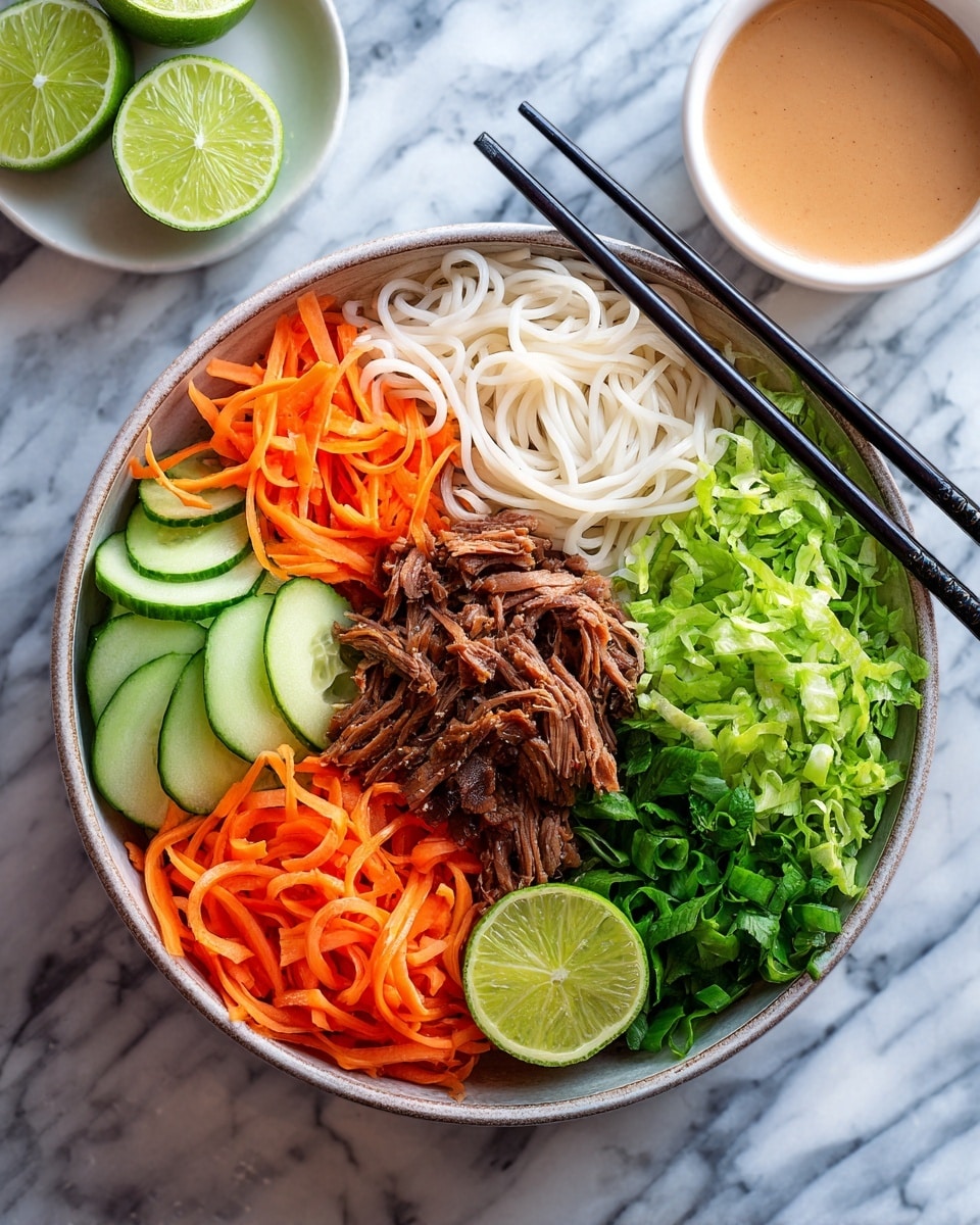 The image shows a bowl with four distinct layers arranged in sections. At the bottom left, there are thin cucumber slices in pale green. Next to them, bright orange shredded carrots are visible. In the middle left, a pile of dark brown cooked meat rests on top of white noodles that have a soft, smooth texture reaching toward the middle back. On the right side, there is a large layer of bright green shredded lettuce with a fresh and crunchy texture. A slice of lime is placed near the bottom center. A pair of black chopsticks holds a piece of the dark cooked meat above the bowl. The bowl sits on a white marbled texture surface with a small bowl of light brown sauce and lime halves in the background. Photo taken with an iphone --ar 4:5 --v 7