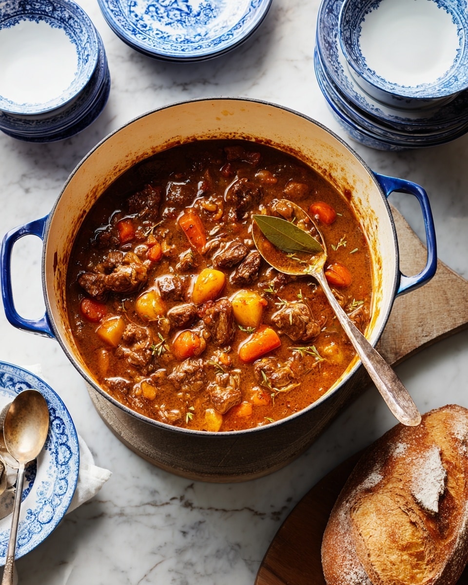 A thick brown stew fills a round white pot with a blue handle. The stew has visible layers of tender dark brown meat chunks, orange carrot pieces, and pale yellow potato chunks, all mixed in a creamy brown gravy. A single bay leaf floats on top near the center. A metal spoon with a wooden handle rests inside the pot at the left side, partly submerged in the stew. The pot is set on a dark wooden surface with two stacked blue bowls above it and a loaf of light-colored bread on a wooden board below. photo taken with an iphone --ar 4:5 --v 7