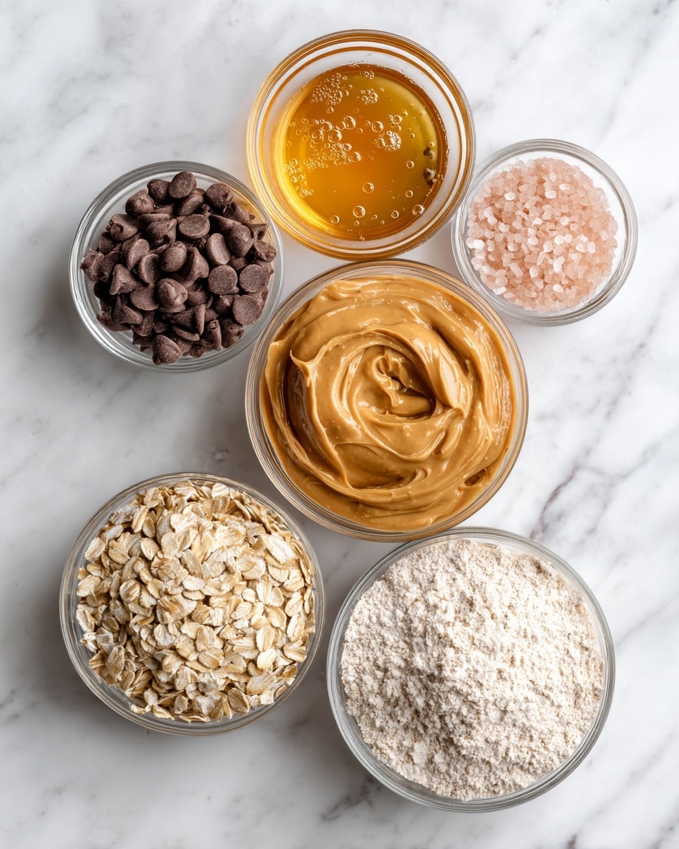 The image shows six clear glass bowls arranged on a white marbled surface. The top center bowl holds smooth golden honey with some bubbles. Below that, a larger bowl contains a thick, creamy light brown swirl of peanut butter. To the left of the honey is a bowl filled with small, dark brown chocolate chips. Beneath that, a bowl contains light beige rolled oats with a rough texture. To the right of the peanut butter is a bowl with fine pale tan flour, showing some scoop marks. Above the flour, at the top right, a small bowl holds coarse light pink salt granules. All bowls are neatly set on the white marbled surface, creating a clean and organized look. photo taken with an iphone --ar 4:5 --v 7