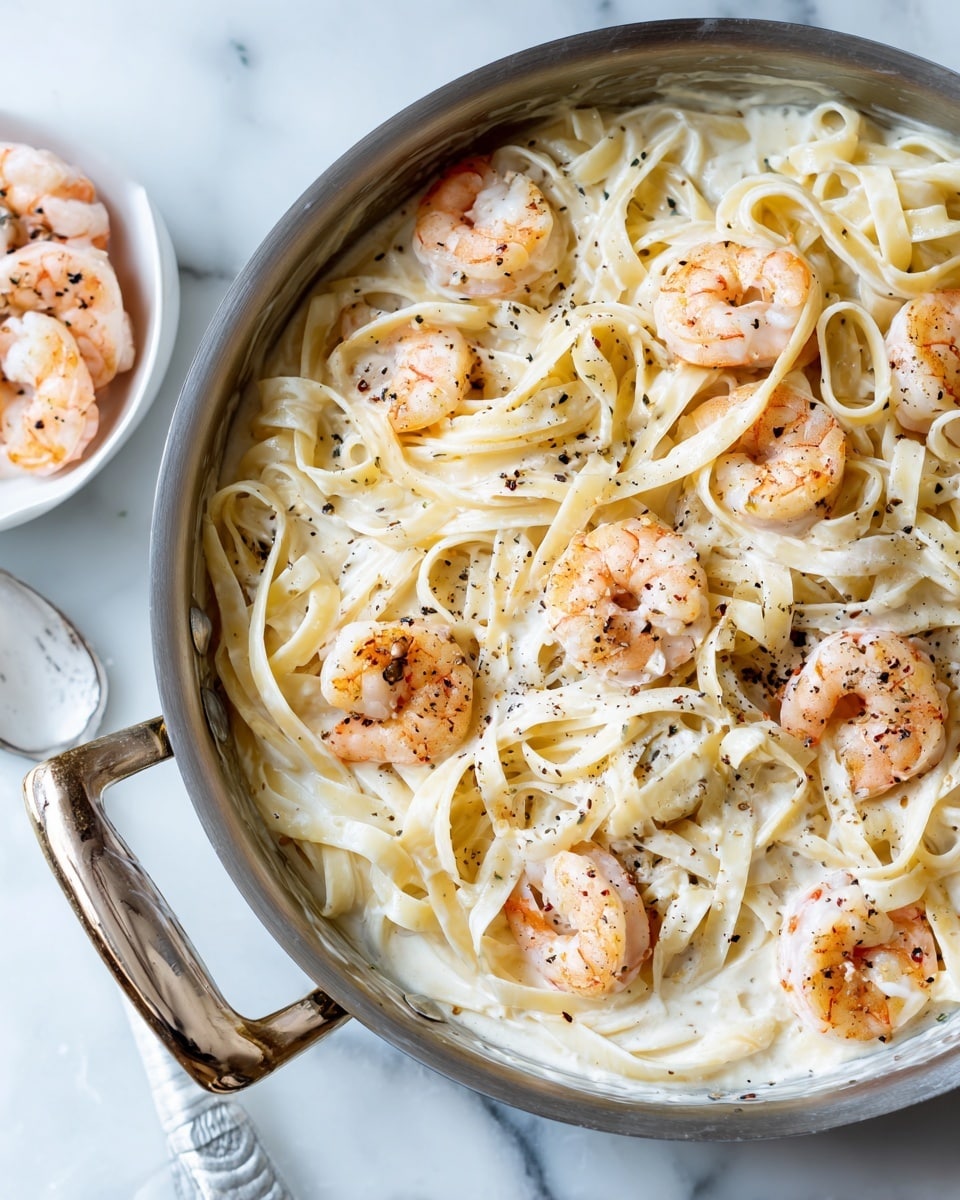 A white bowl filled with creamy white fettuccine pasta forms the base layer, topped with a generous portion of pink cooked shrimp scattered across the surface. The pasta looks smooth and glossy, with a light sprinkle of finely chopped green herbs adding color contrast. The shrimp have a slightly curved shape and a tender texture with some black pepper specks on them. The bowl sits on a white marbled surface that adds a subtle textured background to the dish. photo taken with an iphone --ar 4:5 --v 7