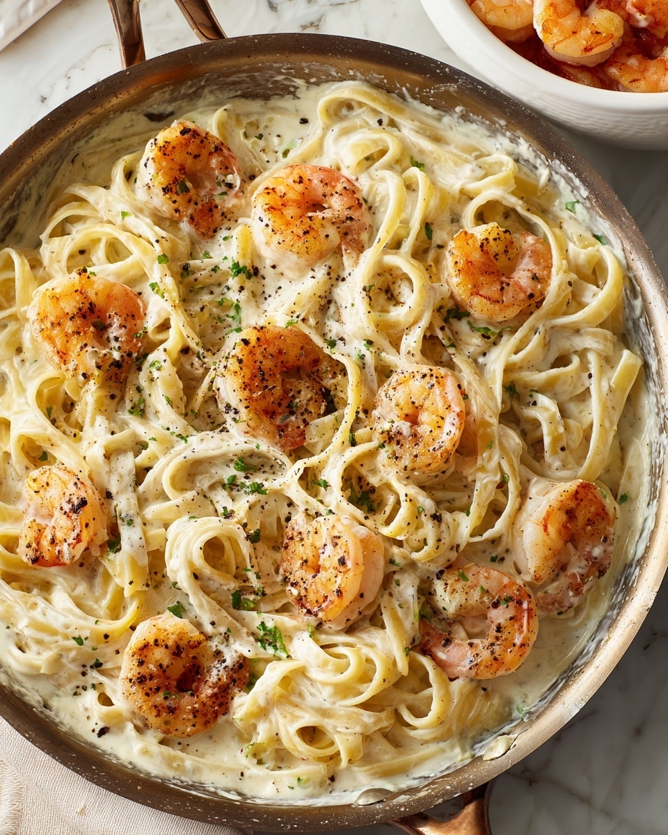 A close-up view of a metal pan filled with creamy white fettuccine pasta mixed with shrimp. The pasta is coated in a smooth, thick white sauce, speckled with ground black pepper. The shrimp are orange-pink with a slightly charred look, scattered on top and mixed in with the pasta strands. The pan sits on a white marbled surface. Part of a white bowl with shrimp can be seen in the upper right corner. Photo taken with an iphone --ar 4:5 --v 7
