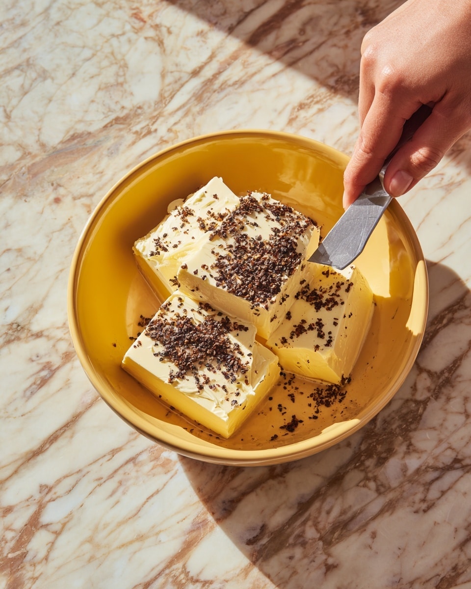 A yellow bowl sits on a white marbled surface, inside the bowl there are three thick blocks of pale yellow butter. The butter is sprinkled with dark brown ground spices, unevenly spread over the middle and top of the blocks. A woman's hand holds the bowl steady while a man's hand is using a small, curved gray butter knife to mix or scrape the butter and spices together. The lighting is bright, casting clear reflections on the marbled surface, and the overall scene looks like a step in a cooking process. photo taken with an iphone --ar 4:5 --v 7