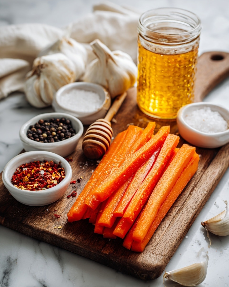 The image shows a wooden board with a neat stack of whole peeled orange carrots in the front center. Behind the carrots, there are three small white bowls: one holding honey with a wooden honey dipper resting inside, another filled with black peppercorns, and the third containing coarse salt. Further back, there is a glass jar filled with golden honey, two whole garlic bulbs lying on the board, and a small white bowl filled with red chili flakes. The whole setup is on a white marbled surface with a light-colored cloth in the background. photo taken with an iphone --ar 4:5 --v 7