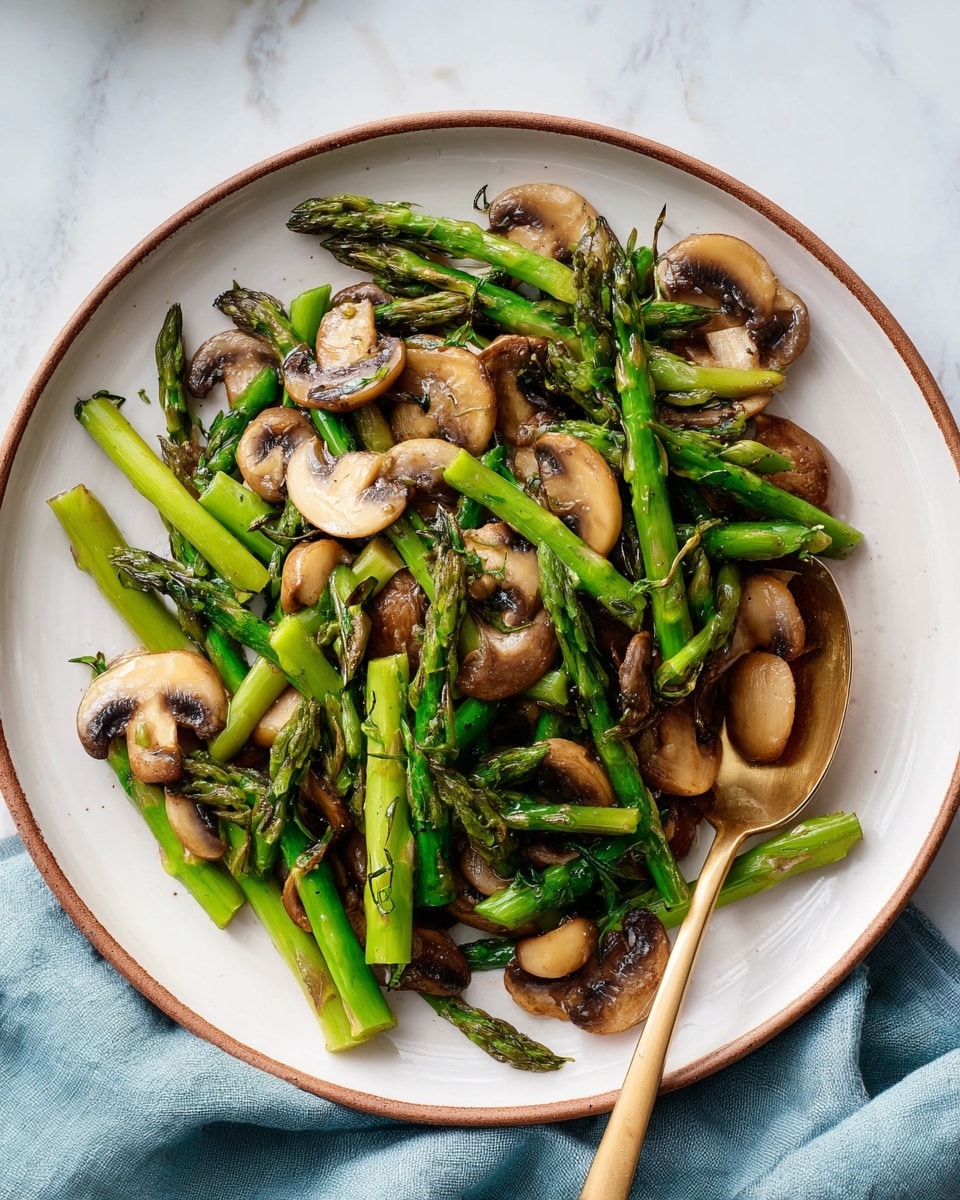 The dish shows a mix of cooked green asparagus pieces and sliced brown mushrooms arranged loosely on a white plate with a thin brown rim. The asparagus is cut into short sections with bright green tips and lighter green stalks, while the mushrooms are sliced with a soft brown and beige texture, scattered throughout the asparagus. A bronze spoon rests on the bottom right edge of the plate, partially under the vegetables. The plate is set on a white marbled surface with a soft blue cloth visible near the bottom right corner. Photo taken with an iphone --ar 4:5 --v 7