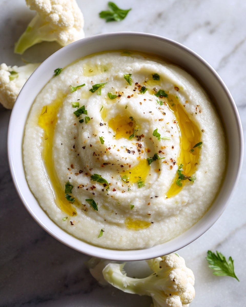 A close-up of creamy white cauliflower puree served in a white bowl, with smooth and slightly thick texture shaped with soft swirls on top. Bright yellow olive oil is drizzled in small pools across the surface, with small green parsley flakes and a few dots of black pepper sprinkled on top for color contrast. The bowl is placed on a white marbled surface, with a few raw cauliflower pieces beside it. The lighting highlights the creamy texture and the shiny oil. Photo taken with an iphone --ar 4:5 --v 7
