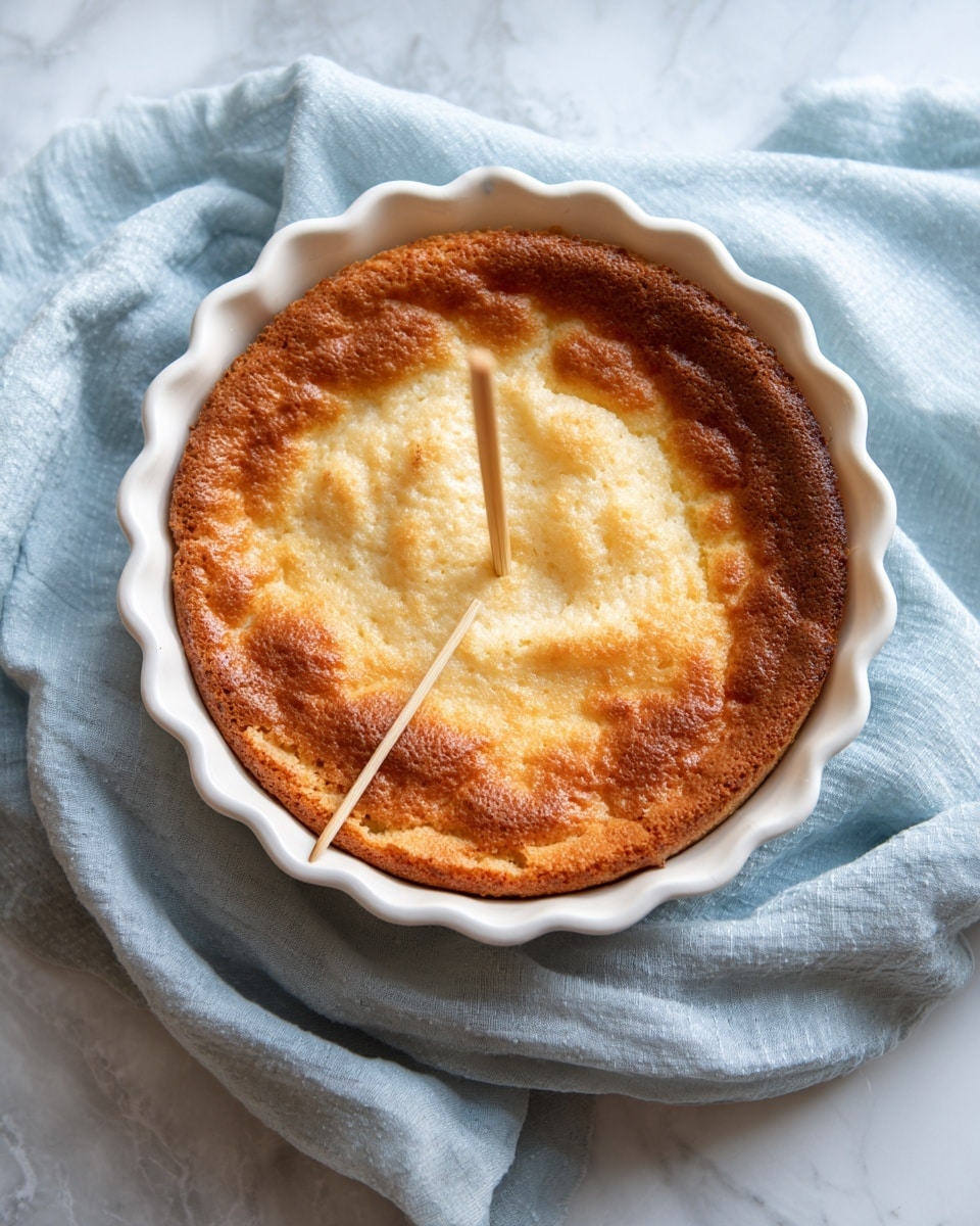 A large round cake with a golden-brown crust on top, showing a slightly uneven, bumpy texture that looks soft and fluffy inside, sits inside a white scalloped baking mold. A thin wooden skewer is inserted vertically into the center of the cake. The baking mold is placed on a pale blue textured cloth, all set against a white marbled surface and a white marbled background. photo taken with an iphone --ar 4:5 --v 7