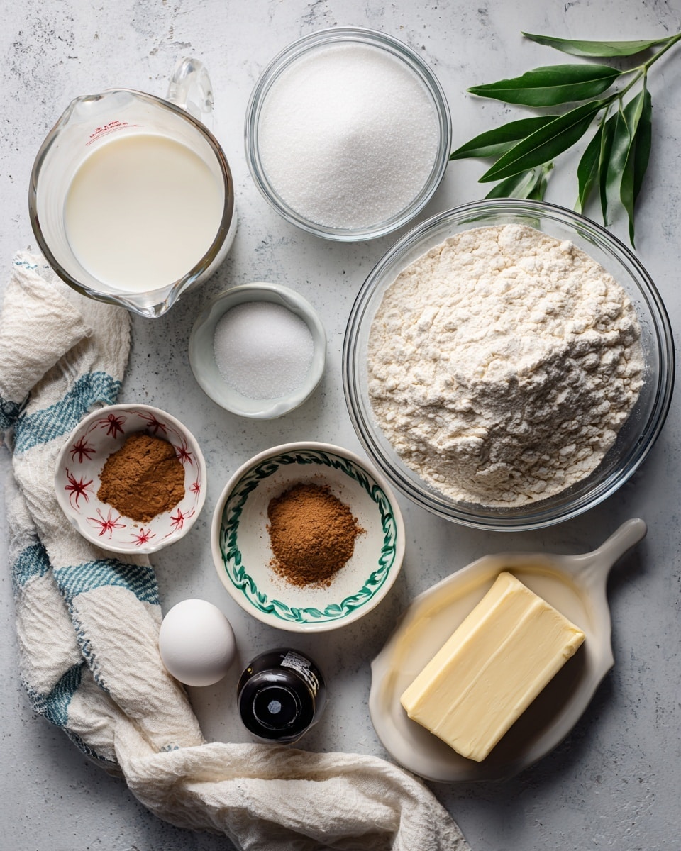 The image shows a top-down view of several clear glass bowls and small white dishes with baking ingredients arranged on a white marbled textured surface. In the top left is a clear glass measuring cup filled with white milk. Below it is a medium clear glass bowl full of white sugar. To the right of the sugar is a small white dish with green leaves design holding white baking soda and salt. Next to that on the right is a large clear glass bowl filled with pale, powdery flour. Above the flour bowl is a small white dish with red leaf designs filled with brown cinnamon powder. To the right of the cinnamon is a rectangular yellow stick of butter. Above the butter is a white egg on a cream cloth with blue stripes. Between the butter and milk is a small black bottle of vanilla extract, lying horizontally. The scene is softly lit, with a casual kitchen feel, photo taken with an iphone --ar 4:5 --v 7