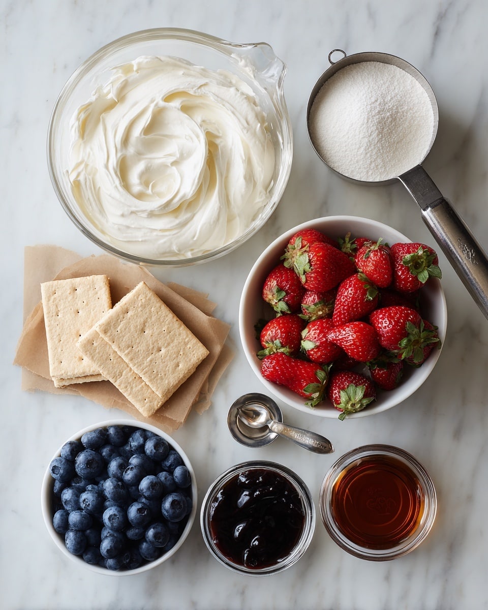 A large clear measuring cup filled with white heavy cream is at the top left, beside a small metal measuring cup with fine white confectioners' sugar at the top right, both placed on a white marbled surface. Below the cream, on the left, partially opened brown paper wrapping holds square light brown graham crackers. To the right, a white bowl is full of bright red strawberries with green leaves. Below, slightly to the left, a white bowl contains deep blue blueberries, and to the right are small glass containers filled with dark brown vanilla bean paste and clear almond extract. Photo taken with an iphone --ar 4:5 --v 7