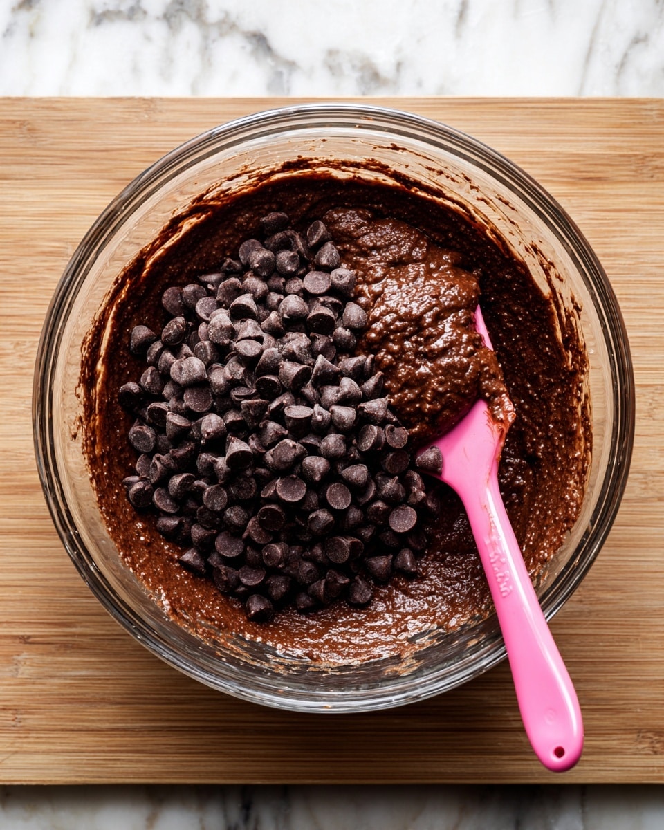 A clear glass bowl holds thick chocolate batter, dark brown in color with a smooth texture, filling most of the bowl. On top of the batter, there is a generous pile of small, dark chocolate chips clustered in the center. A pink spatula rests on the right side inside the bowl, partially covered with the same chocolate batter. The bowl is placed on a wooden surface, but the background and surface are imagined as a white marbled texture. The scene gives a homemade and fresh baking vibe. photo taken with an iphone --ar 4:5 --v 7