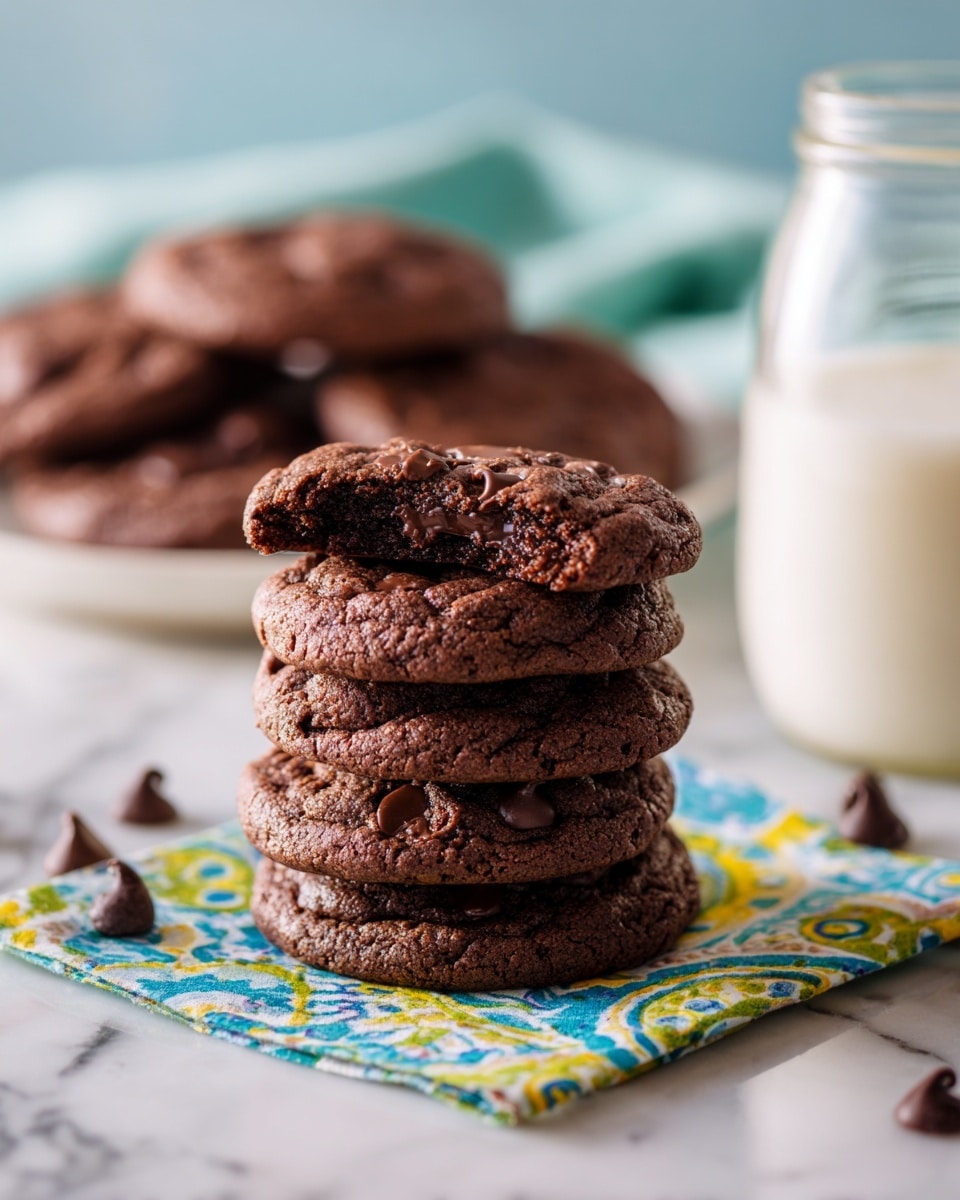 A stack of five thick chocolate cookies sits on a colorful patterned napkin with blue, yellow, and green designs, placed on a white marbled surface. The top cookie has a bite taken out, showing a soft, slightly darker inside with visible chocolate chips. To the left, there is a white plate filled with more cookies, slightly out of focus. To the right, a clear glass jar is full of milk. Scattered chocolate chips are around the stack on the surface. The background shows a soft, blurred blue cloth. Photo taken with an iphone --ar 4:5 --v 7