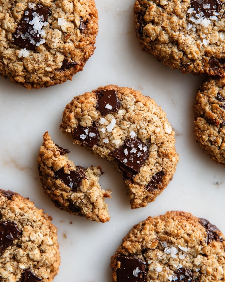 Several round oatmeal cookies with textured golden-brown surfaces are placed on a white marbled texture. The cookies have visible chunks of dark chocolate embedded throughout, some of which look melted and soft. The tops of the cookies are sprinkled with small grains of coarse sea salt that add contrast. One cookie in the center has a bite taken out, showing a slightly chewy, dense inside with a mix of oats and chocolate. The cookies are arranged with space between them on the smooth white marbled surface. photo taken with an iphone --ar 4:5 --v 7