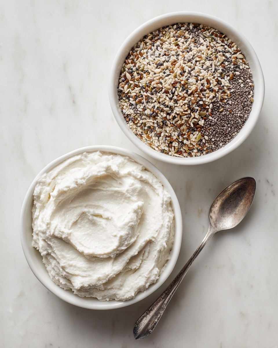 Two white bowls sit on a white marbled surface, one bowl filled with a thick, white, lumpy mixture that looks creamy and textured, and the other bowl holding a mix of small seeds and grains in shades of black, white, beige, and light brown with a spoon resting inside. The spoon has a metallic handle, and the bowls are placed apart, showing a clear contrast between the creamy and grainy contents. photo taken with an iphone --ar 4:5 --v 7