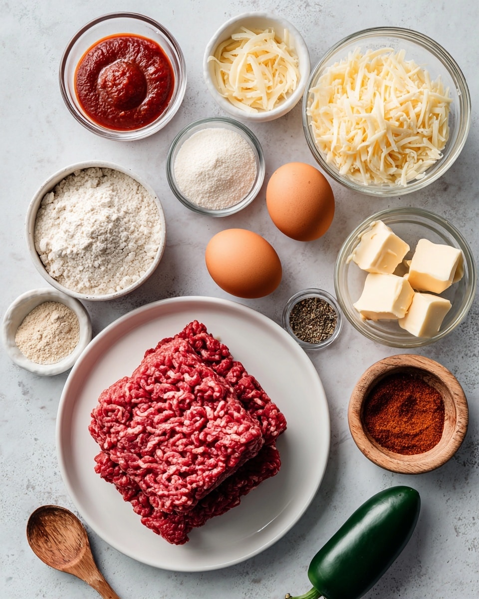 A top-down view of various cooking ingredients arranged neatly on a white marbled surface. In the center bottom is a white plate holding two thick layers of raw ground beef, deep red in color with white specks of fat. Surrounding the plate are small, round white bowls and glass containers. The bowls contain off-white almond flour, light brown coconut flour, golden melted butter, and fine white baking powder and salt. Glass bowls hold shredded pale yellow cheese, bright red tomato paste, and orange chili powder. There are three light brown eggs with smooth shells placed near the center, alongside a small wooden spoon resting on the right. A clear glass bowl with reddish-brown taco seasoning and a small wooden bowl with black pepper sit near the top right. A dark green jalapeno pepper lies at the bottom right corner. The overall scene is clean and well spaced. photo taken with an iphone --ar 4:5 --v 7