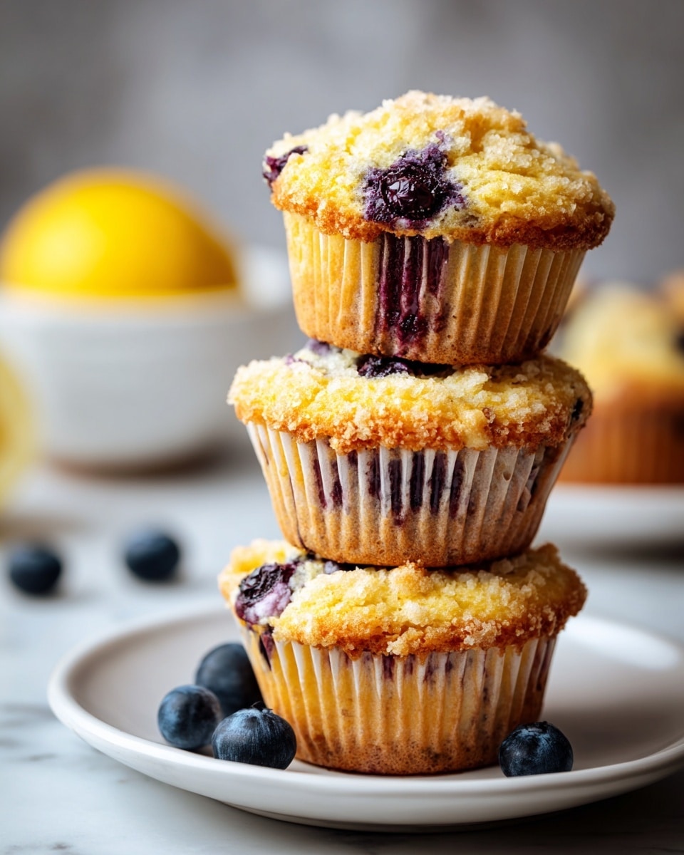 The image shows three blueberry muffins stacked on a white plate set on a white marbled surface. The top muffin has a golden-yellow crumbly texture with blueberries baked inside, showing dark blue-purple spots of fruit and juice near the base and middle. The muffins are held in light brown paper liners with a slightly ridged texture. Around the muffins, a few fresh blueberries rest on the plate. In the blurred background, a white bowl with a yellow lemon is visible. The lighting is soft, highlighting the warm color of the muffins and the smooth white marbled surface photo taken with an iphone --ar 4:5 --v 7