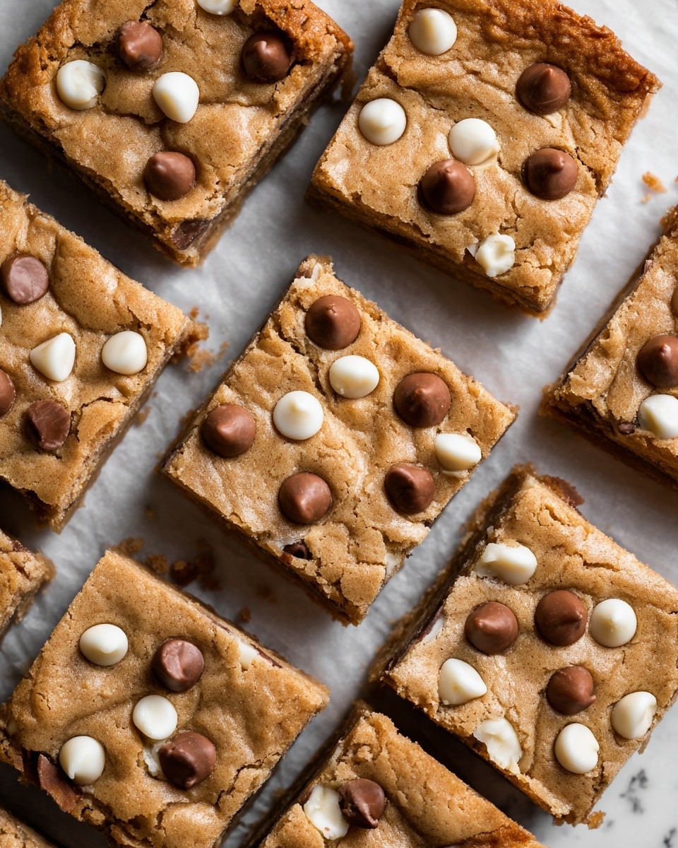 The image shows nine square blondie bars arranged closely in a grid on parchment paper over a white marbled surface. Each bar has a light golden brown top layer with a soft, slightly cracked texture. Scattered on top of the bars are smooth, round, and tear-shaped chocolate chips in dark brown, mixed with small, round white chips. The bars have a slightly raised edge with a dense, moist interior visible at the sides. Photo taken with an iphone --ar 4:5 --v 7