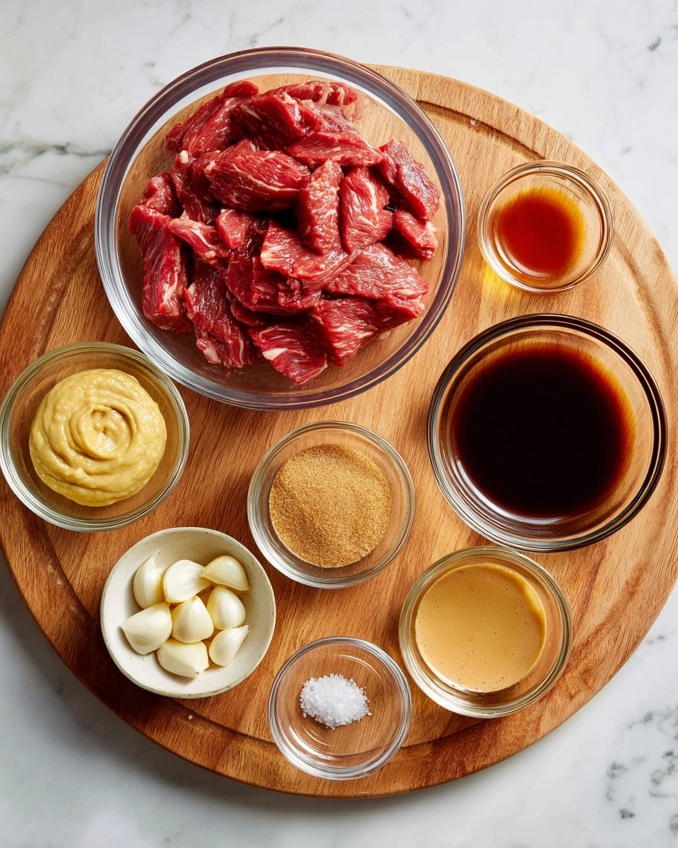 A round wooden cutting board sits on a white marbled surface, holding eight clear glass bowls with different ingredients. The largest bowl, placed slightly off center towards the top, is filled with thin slices of raw red meat. To its right is a smaller bowl with a dark brown liquid. Below that is another small bowl containing a reddish sauce. Below and to the right, there is a small bowl with a light brown liquid. Next to it is a larger bowl filled with a pale yellow thick paste. On the lower left side of the cutting board, a small bowl of light yellow paste and a smaller bowl with several peeled white garlic cloves sit next to a medium bowl of brown sugar. In the middle bottom, a small bowl with clear liquid completes the arrangement. The photo taken with an iphone --ar 4:5 --v 7