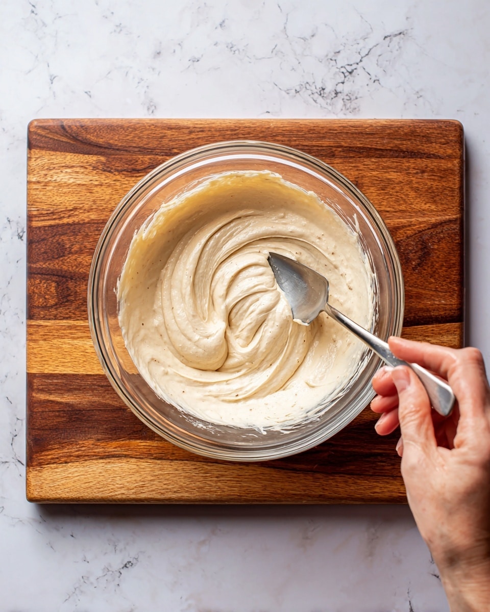 A clear glass bowl filled with a creamy, light beige batter with a smooth and slightly thick texture, showing some air bubbles on the surface. A woman's hand holds a metal spoon partially in the batter, making a swirl shape with the spoon's tip. The bowl sits on a wooden cutting board with rich brown tones. The background is a white marbled texture. photo taken with an iphone --ar 4:5 --v 7