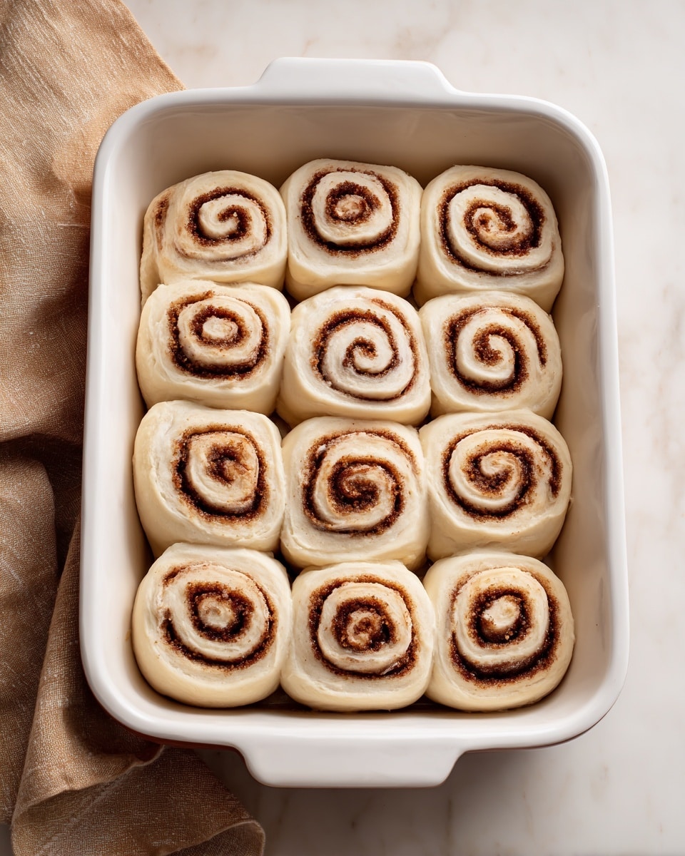 The image shows a white rectangular baking dish filled with twelve raw cinnamon rolls arranged in three rows of four. Each roll has a soft dough layer spiraled with a middle layer of brown cinnamon sugar filling, creating a clear swirl pattern. The dish sits on a white marbled surface with a light brown cloth casually placed to the left side. photo taken with an iphone --ar 4:5 --v 7