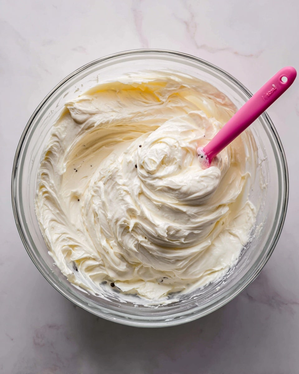 A clear bowl holds thick, creamy white frosting speckled with tiny black vanilla bean seeds. The frosting is swirled smoothly with soft peaks and folds visible across the surface. A pink silicone spatula is gently pressing into the frosting, blending softly into the texture. The bowl sits on a white marbled surface, and the lighting highlights the glossy and rich texture of the frosting. photo taken with an iphone --ar 4:5 --v 7