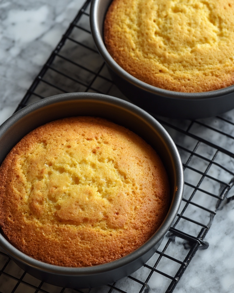 Two round yellow cornbread cakes with soft, slightly bumpy tops are shown, each sitting inside a dark gray round cake pan. The pans rest on a black wire cooling rack placed on a white marbled surface. The cornbread has a warm golden yellow color with tiny air bubbles visible on the top. photo taken with an iphone --ar 4:5 --v 7