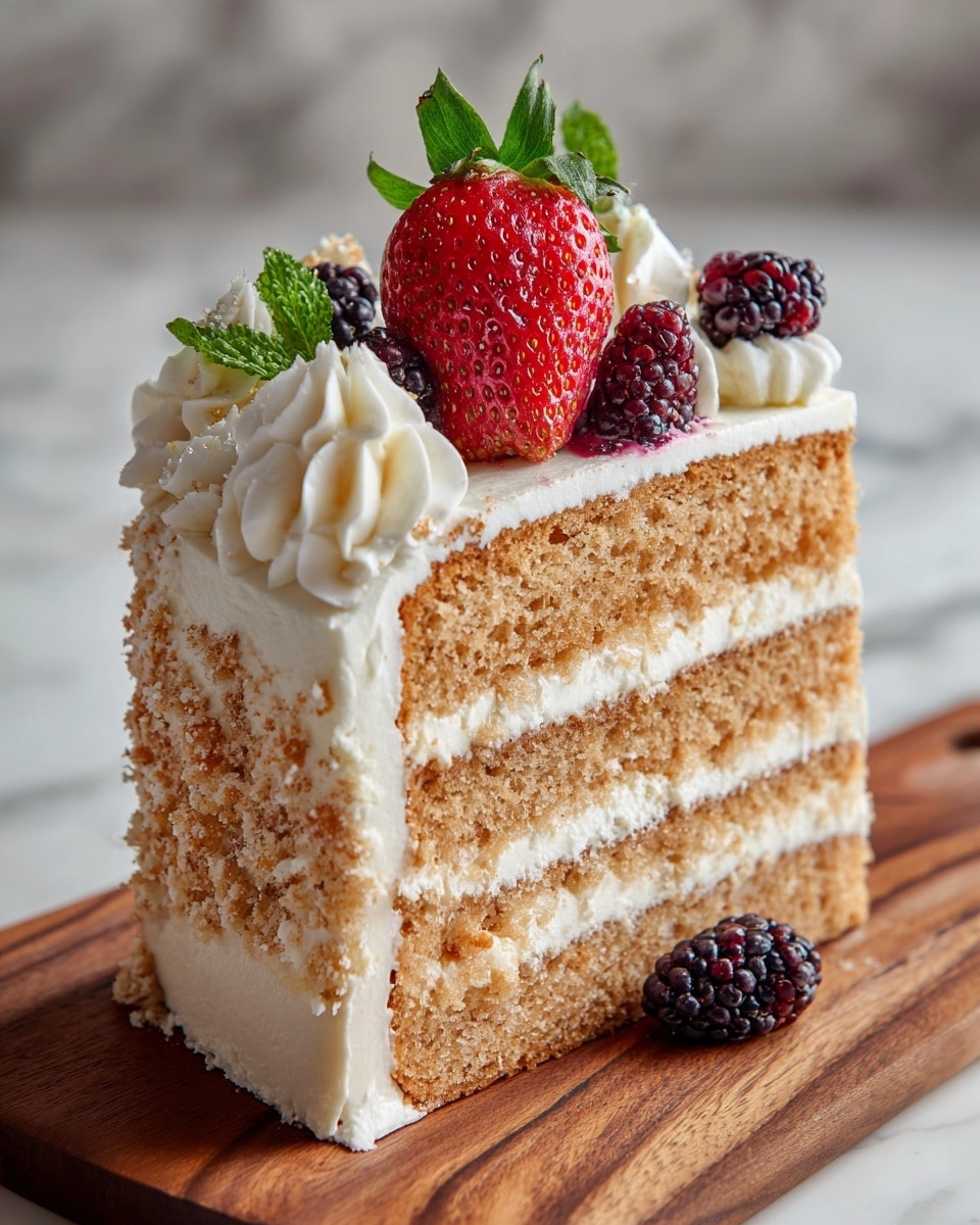The image shows a three-layer light brown cake with a soft and crumbly texture. Each layer is separated by a thin layer of white frosting. The outside is lightly coated with the same white frosting, with some areas where the cake shows through. On top of the cake, there is a large red strawberry with green leaves, a few dark purple blackberries, and small dollops of white whipped cream. The cake is placed on a wooden board with a white marbled background. photo taken with an iphone --ar 4:5 --v 7