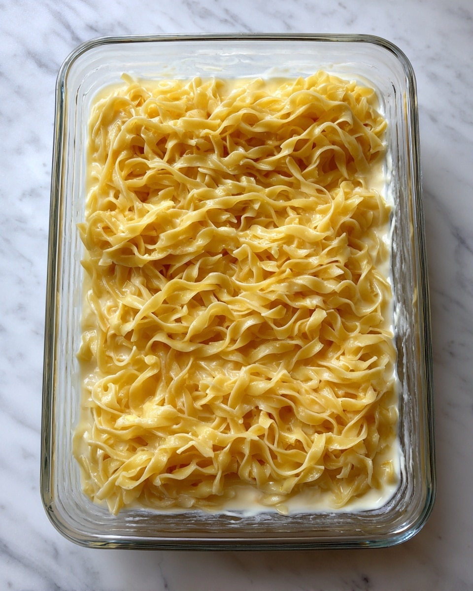 A clear glass rectangular dish filled with two visible layers: the bottom layer is a creamy pale sauce with a smooth texture that shines under light, and the top layer is made of twisted yellow egg noodles scattered evenly and partly coated in the sauce, showing a soft and slightly wrinkled texture, set on a white marbled surface photo taken with an iphone --ar 4:5 --v 7