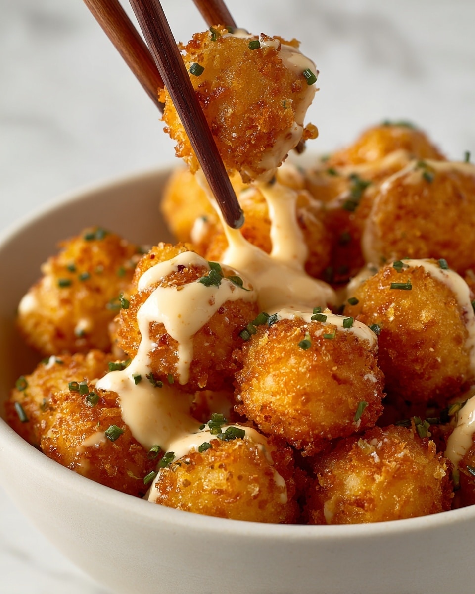 A close-up image showing a white bowl filled with small crunchy golden-brown pieces that look like fried bites, each one sprinkled lightly with small green herb bits. One piece is held above the bowl by a pair of brown wooden chopsticks, and it is drizzled with a creamy, light-colored sauce that slightly drips down. The background surface is a white marbled texture, softly blurred to keep focus on the food. photo taken with an iphone --ar 4:5 --v 7