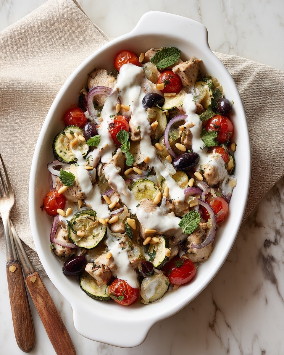 A white oval dish is filled with a colorful baked mixture. The first layer shows chunks of light brown chicken, with round slices of green zucchini and rings of purple onion spread evenly. Among these layers are whole bright red cherry tomatoes and dark purple olives, adding contrast. Small golden pine nuts and fresh green herb leaves are scattered across the top. Over this mix, thick white sauce is drizzled in a loose swirl. The dish is placed on a white marbled surface next to a beige cloth and a wooden-handled fork. Photo taken with an iphone --ar 4:5 --v 7
