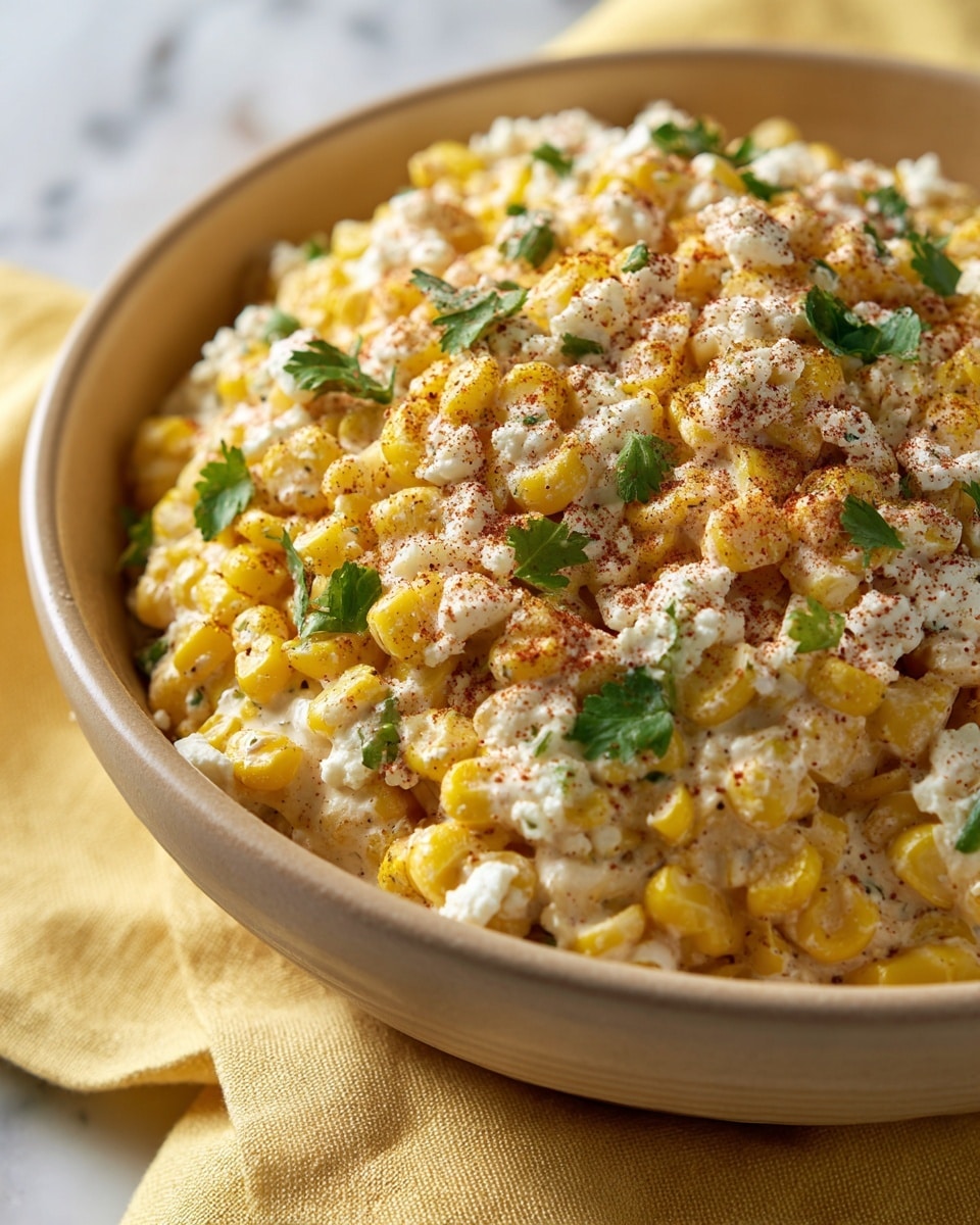 The image shows two white speckled bowls filled with a corn dish on a white marbled surface with a mustard-yellow cloth underneath one bowl. Each bowl holds a mix of charred yellow corn kernels mixed with a creamy white layer, sprinkled with green chopped herbs and a reddish spice powder. The texture looks grainy and chunky with a mix of soft and slightly crispy bits. Fresh green herbs are also scattered on a wooden cutting board placed above the bowls. photo taken with an iphone --ar 4:5 --v 7