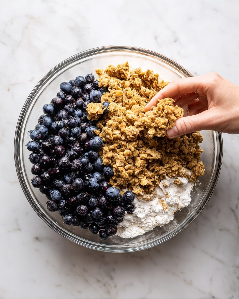 A clear glass bowl sits on a white marbled surface, filled with two main layers: a base layer of fresh blueberries covered lightly with white powder, mostly on the right side, and on top, thick, chunky golden brown crumble made of oats and brown sugar with a rough texture. A woman's hand is reaching into the bowl, pinching a large piece of the crumble above the fruit layer, showing its crumbly, coarse texture. The image is bright and close up, emphasizing the contrast between the dark blueberries and the warm crumb topping. Photo taken with an iphone --ar 4:5 --v 7