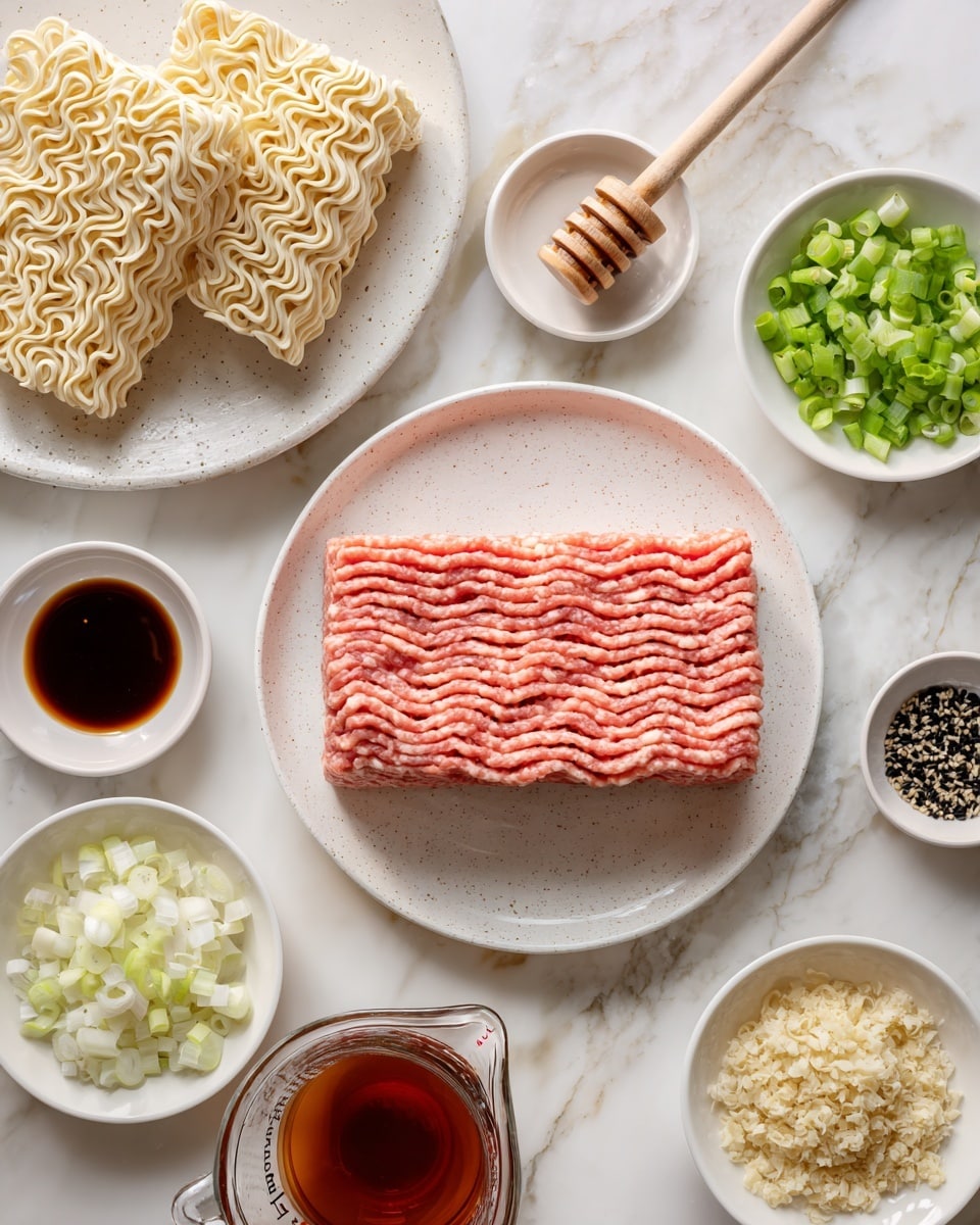 The image shows a white speckled plate in the center holding a rectangular block of raw ground meat with a pinkish-red color and a textured pattern. Around this plate are several small white dishes and containers holding various ingredients: bright green chopped scallions on the top right, chopped white onions below that, finely chopped light yellow garlic in two bowls at the bottom right and top left, and a bowl with small black seeds near the right side. To the left of the plate, there is a white plate holding two square blocks of uncooked pale yellow instant noodles with a wavy texture. There are also small glass containers with dark soy sauce, reddish-brown sauce with a wooden honey dipper, and a measuring cup filled with brown liquid. The entire arrangement is set on a white marbled textured surface. photo taken with an iphone --ar 4:5 --v 7