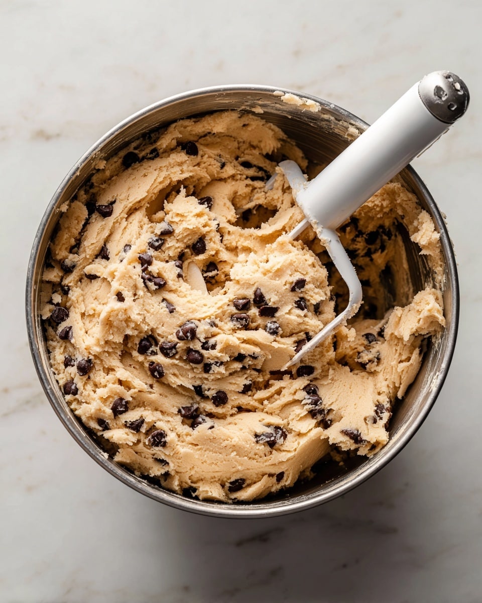 A close-up top view of a metal mixing bowl filled with light beige cookie dough mixed with small dark brown chocolate chips, the dough has a thick and soft texture with slight unevenness, a white stand mixer paddle attachment is partially covered with dough and positioned on the right side inside the bowl, the bowl sits on a white marbled surface photo taken with an iphone --ar 4:5 --v 7