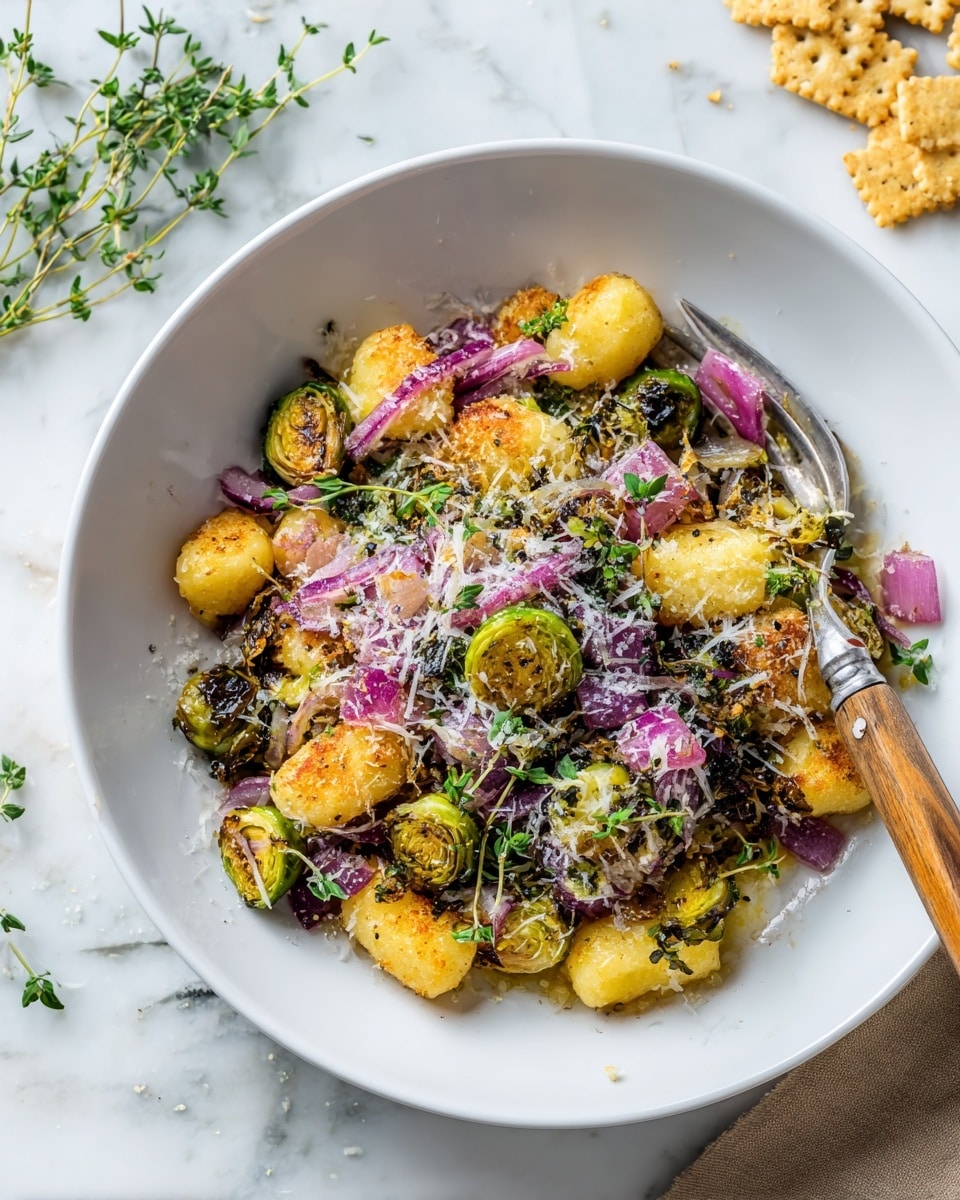 A large beige baking tray filled with a mix of food layers. The bottom layer is small yellow gnocchi scattered all over. On top there are roasted Brussels sprouts that are green with crispy dark brown edges. Mixed in are small chunks of purple onion. Spread unevenly are dollops of a pinkish-orange meat mixture. The whole dish is sprinkled with finely grated white cheese. At the bottom right corner of the tray lie two lemon wedges. The tray is set on a surface with white marbled texture. Photo taken with an iphone --ar 4:5 --v 7